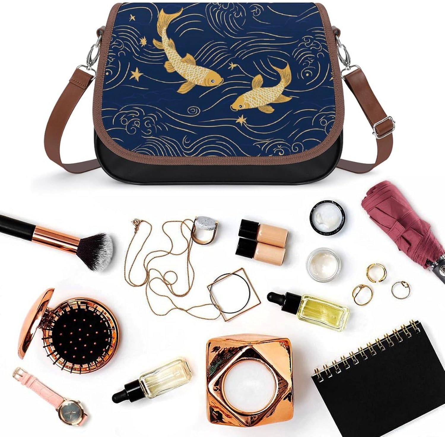Gold Japanese Fish Waves Shoulder Bags for Women Tote Handbag Clutch Purse Messenger Bag