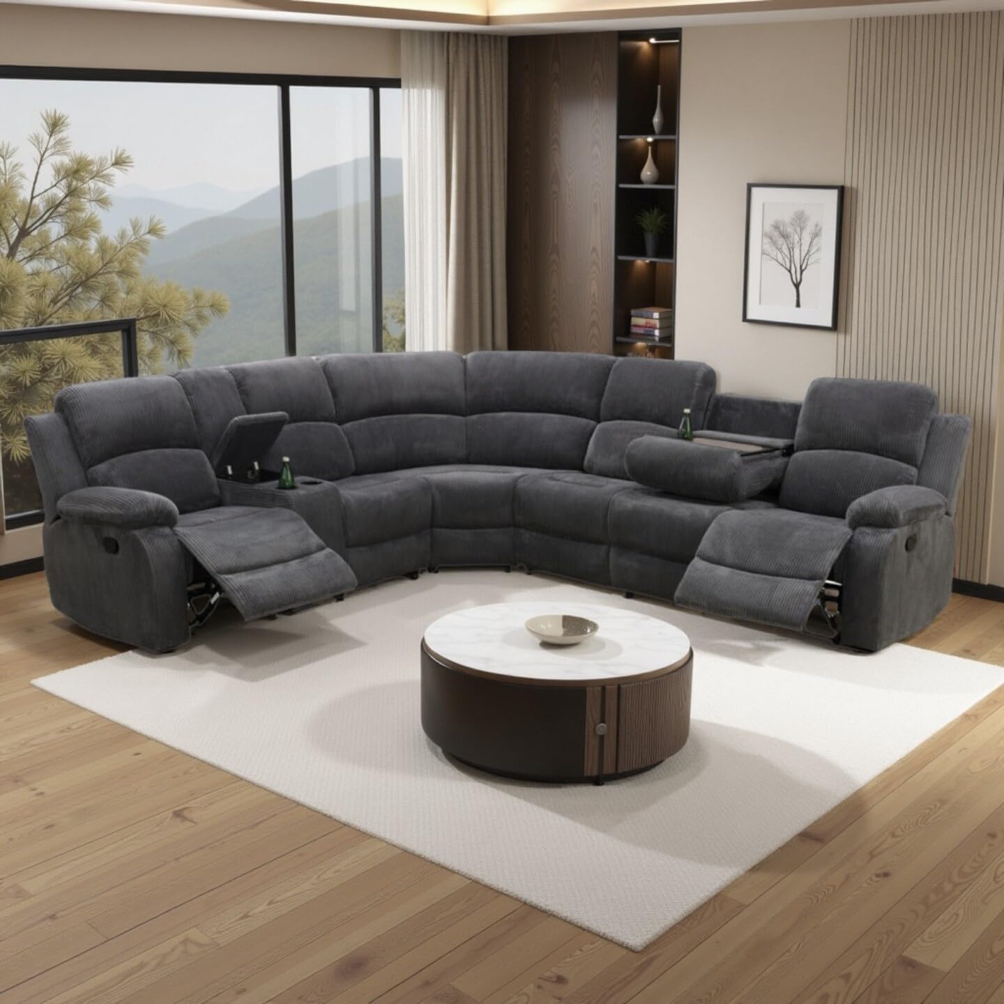 Manual Reclining Sofa Set with Drop-Down Table, Corduroy Sofa Sets, Living Room Furniture Sets, Modern Manual Recliner Sofa Sets with Storage Console for Living Room (Dark Grey, Sectional+Chair)