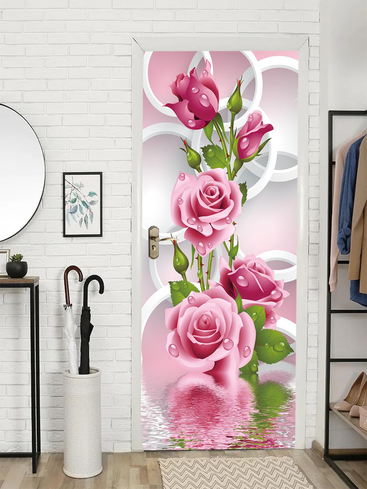 FLFK Adesivi per porte Stacca e attacca - Cerchio di fiori di rosa Carta da parati autoadesiva per pareti e porte poster per la camera da letto e il soggiorno 77x200cm
