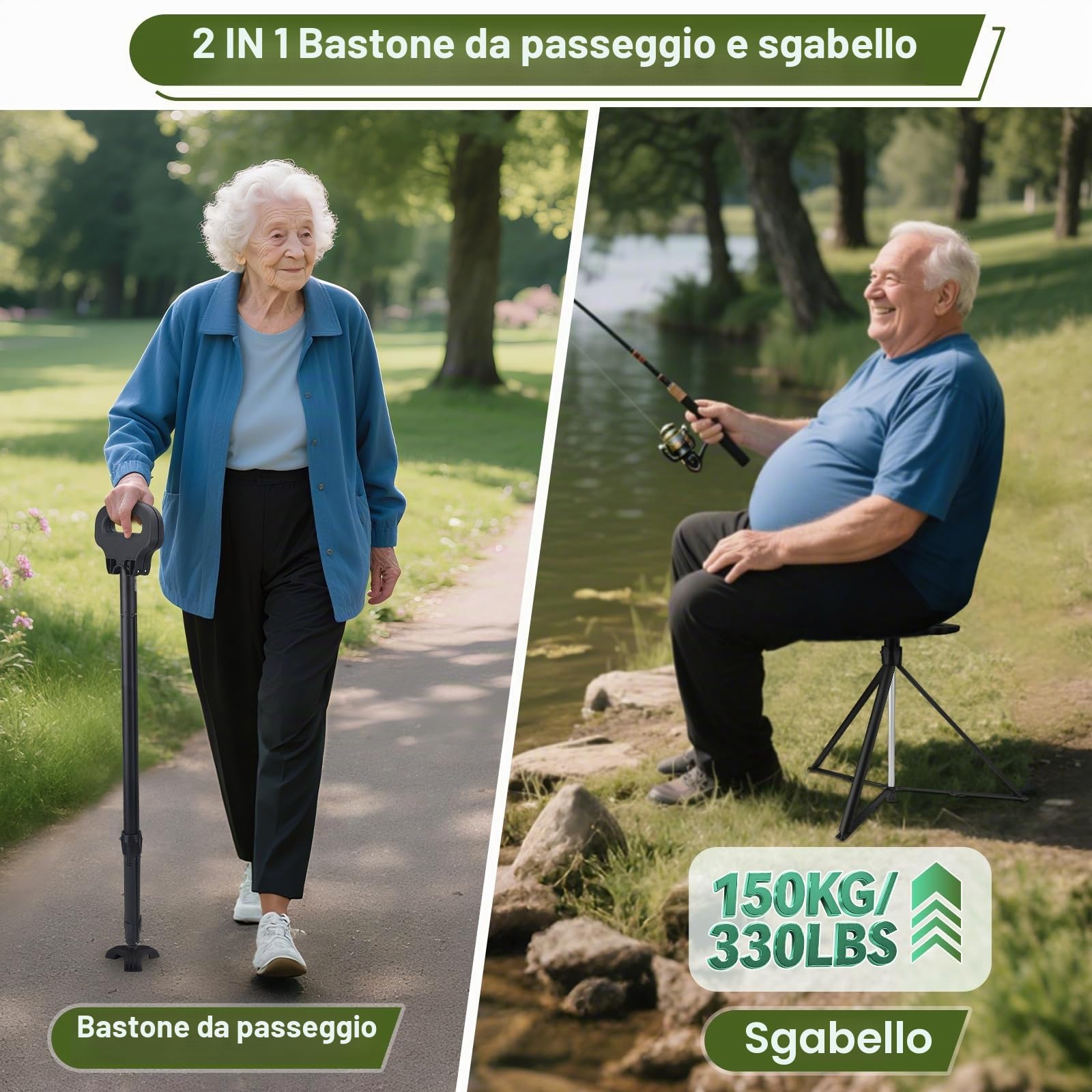 Bastone da passeggio portatile con seduta, bastone da passeggio regolabile con seduta, bastone da passeggio pieghevole leggero in alluminio antiscivolo per adulti, 330 libbre