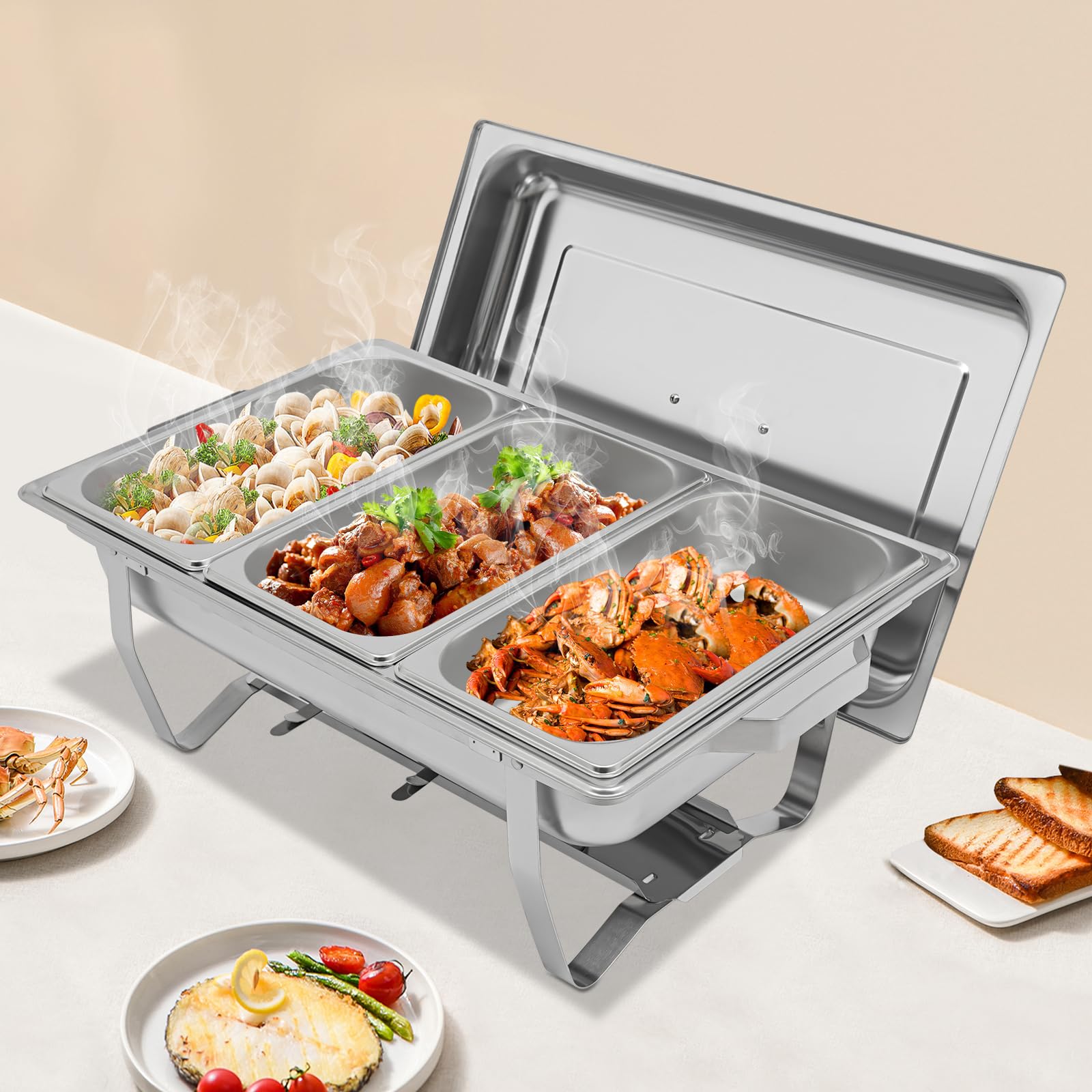5 L Chafing Dish, Tres Compartimentos Chafing Dish Buffet, Calentador Plano, Calentador Plato Aparador, Calentador Plano para Servir Variedad Platos Mantener Caliente