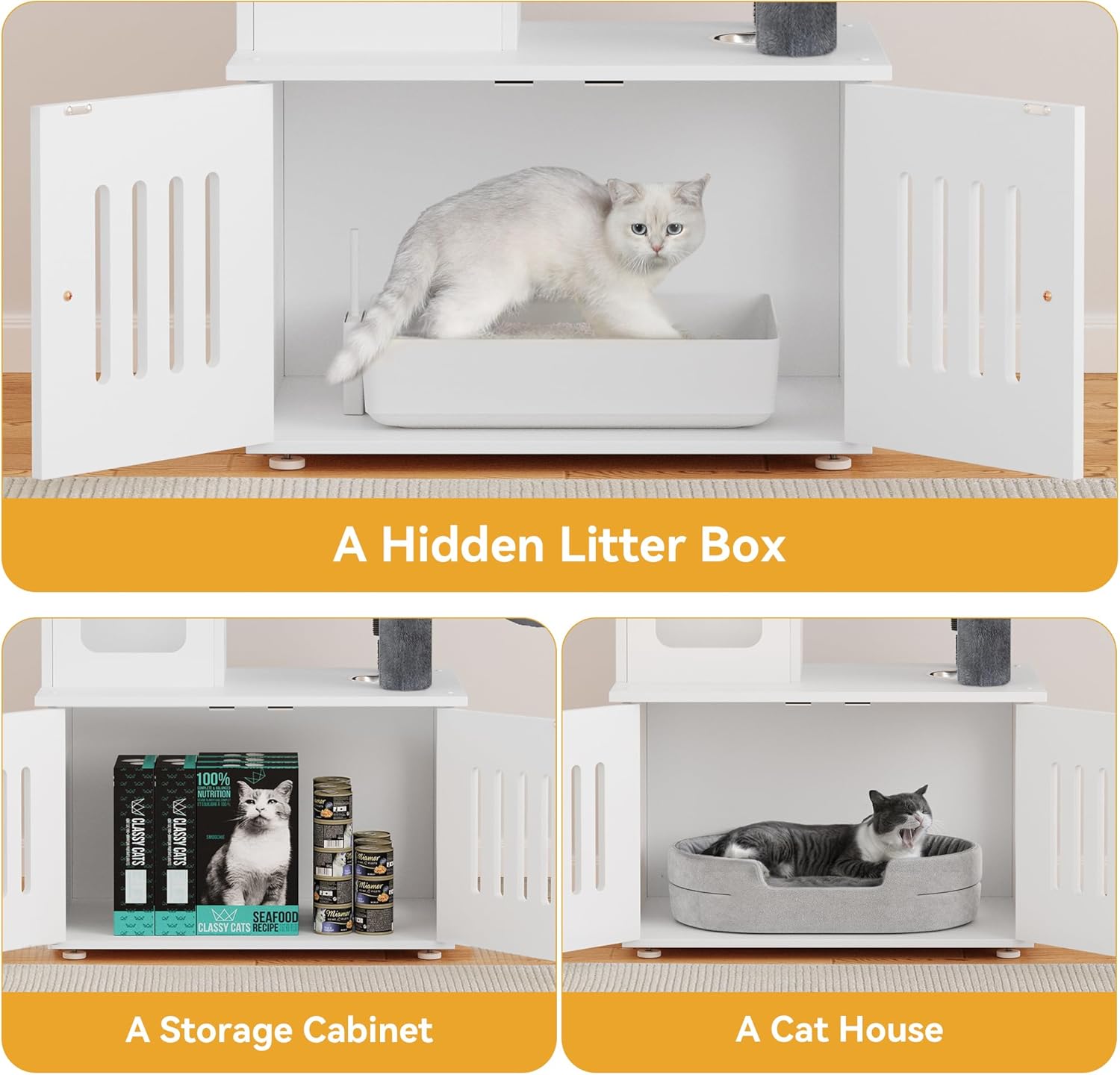 YITAHOME Cat Tree with Litter Box Enclosure, 2-in-1 Cat Furniture, Modern Cat Condo, Indoor Cat Tower with Wood House, Perch, Food Station, Hammocks, Scratch Post, Hair Brush, 59 Inch, White