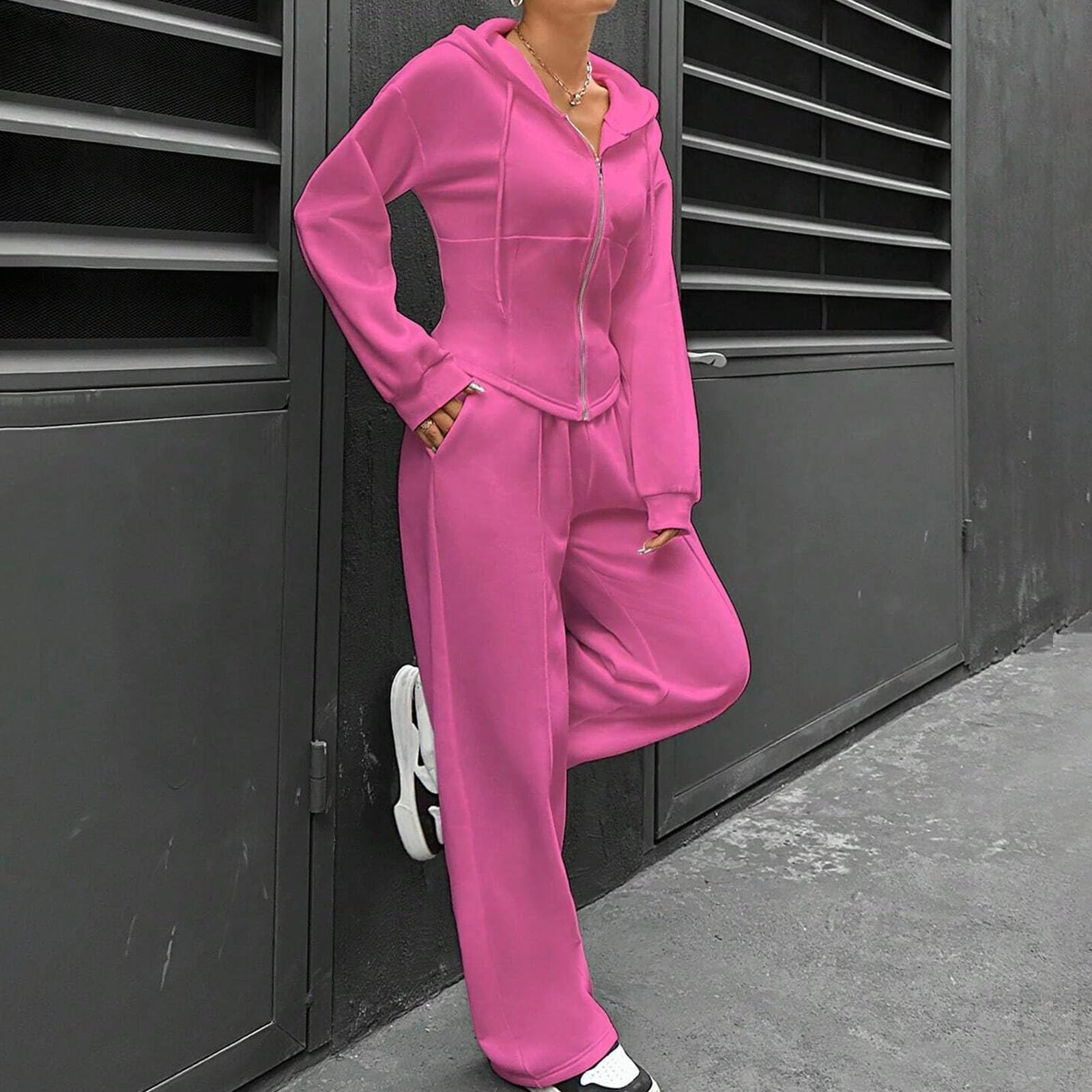 Tuta sportiva da donna, 2 pezzi, a maniche lunghe, in cotone, con cerniera | Tuta sportiva con cappuccio Y2K, tuta da jogging con giacca e tasche, casual, due pezzi, per fitness
