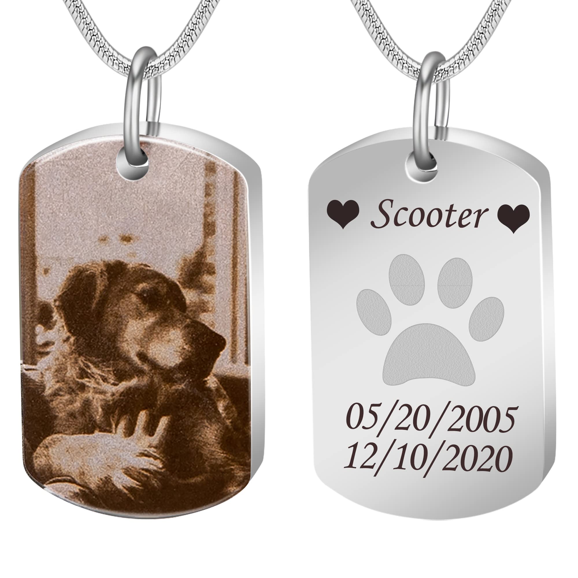 Personalised Urn Necklace for Ashes, Custom Photo & Text Pet Ashes Necklace Memorial Dog Tag Pendant Cremation Jewellery with Ashes Mobile Set (Large Size-Silver Ashes Necklace-Black & White Photo)