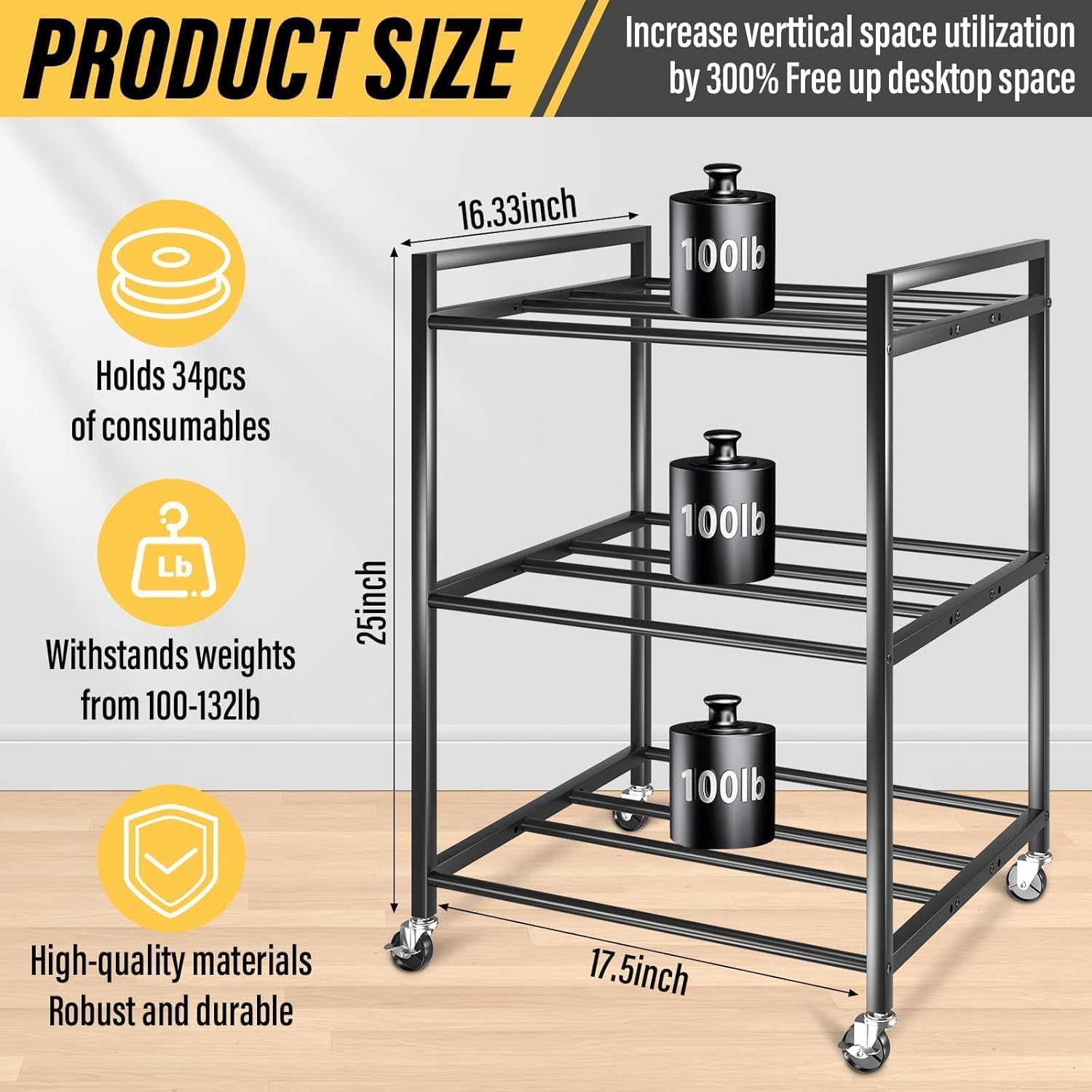 3D Printer Filament Storage Rack,Rolling Filament Spool Holders with Wheels,3-Tier Heavy Duty 3D Filament Storage Rack for PLA/ABS/TPU/Nylon,Filaments Organzied for Home,Office Workshop,Studio