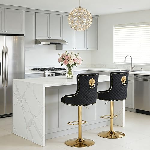 Velvet Gold Barstools Set of 2, Modern Counter Height Adjustable Swivel Stools Chairs with High Tufted Backrest Golden Base Lion Head Pull Ring Diamond Pattern Rivet Trim for Kitchen (Black)
