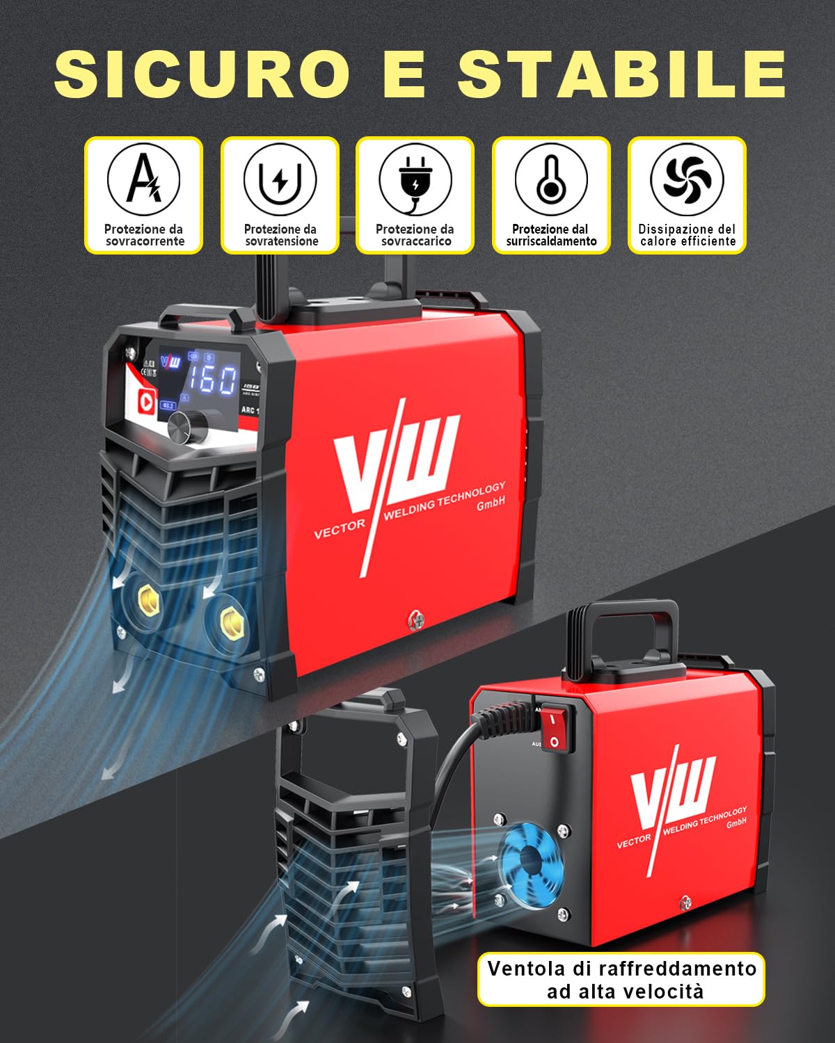 VECTOR WELDING 160A Saldatrice a Elettrodi, MMA/ARC/STICK Inverter Saldatrice, Saldatrice Portatile con IGBT e MCU per Principianti e Professionisti, ARC 160 con Hot Start, Arc Force