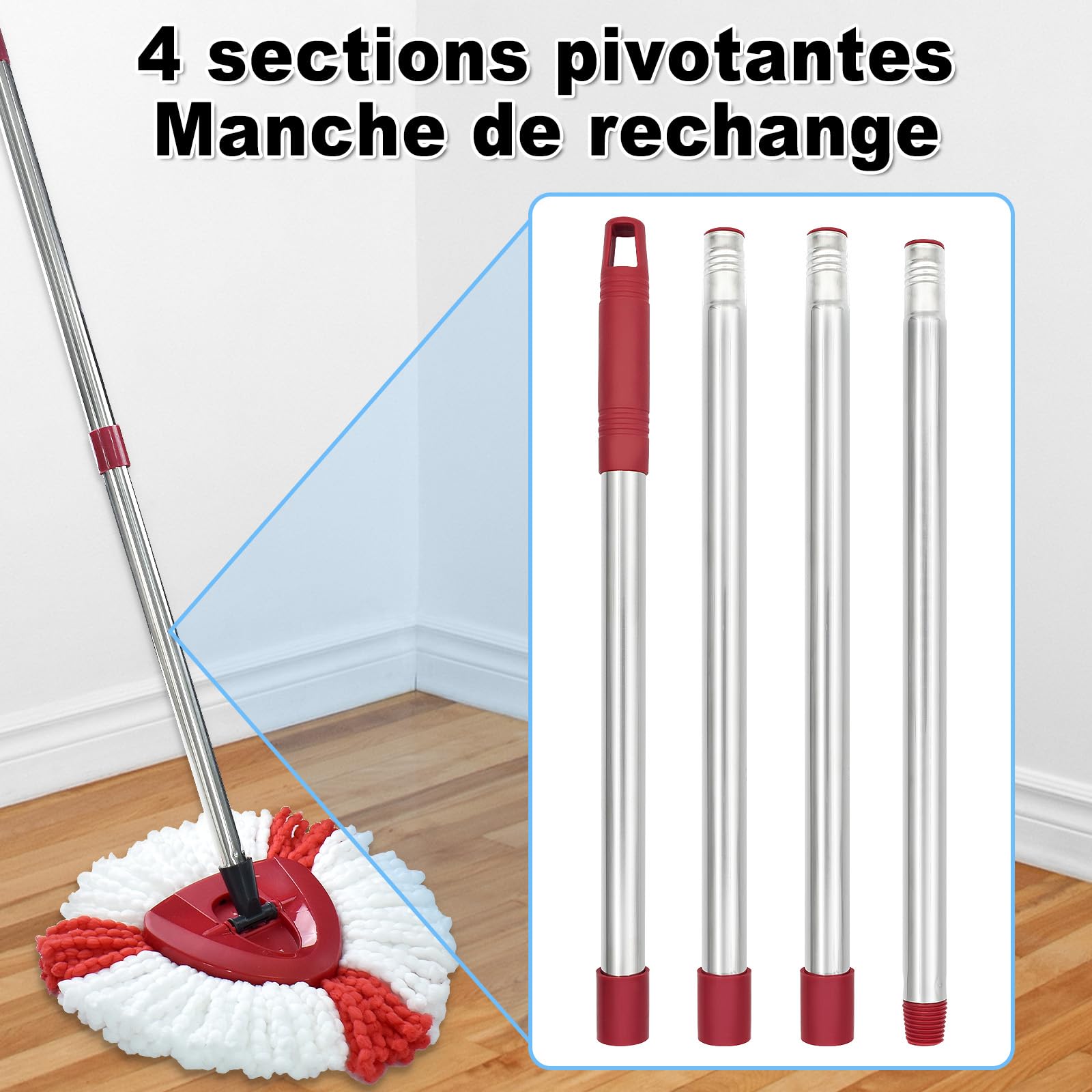 1PC Manche de Serpillière de Remplacement 4 Sections Réglable Acier Inoxydable Compatible Avec Vileda Spin Turbo Easy Wring Mop Barres de Serpillière Réglables