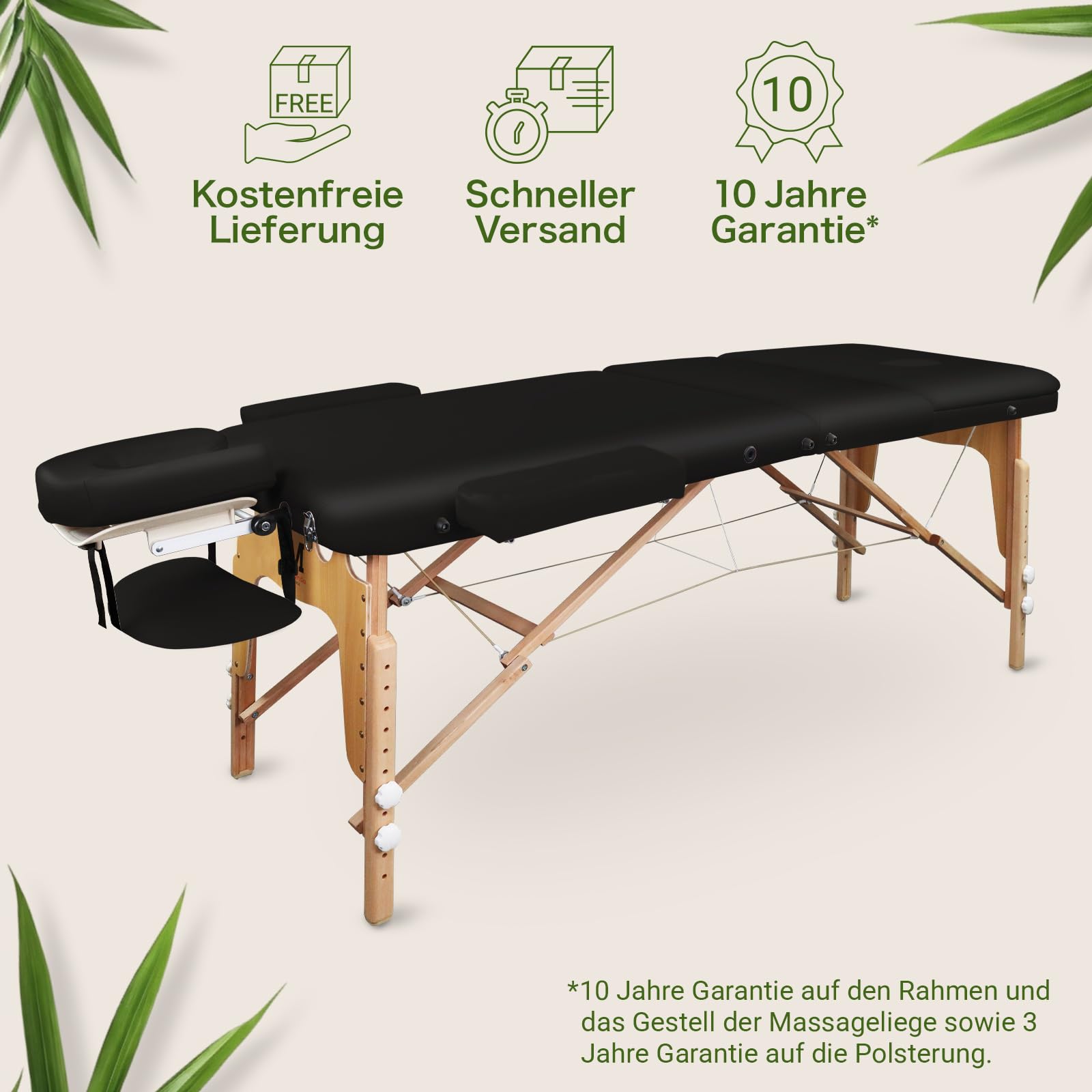 MASSUNDA – Mobile 3 Zonen Massageliege klappbar & höhenverstellbar – Stabiler Massagetisch aus Vollholz – All-Inkl. Massagebank mit ergonomischer Kopfstütze, Bezug, Armlehne, Kissen (Schwarz)