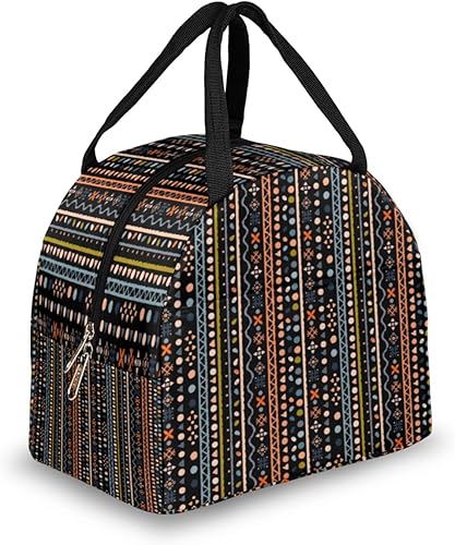 Ethnic Folk Print Lunch Tote Bag for Women Adult Men Geometric Insulated Lunch Box Small Leakproof Cute Lunchbox Cooler Bag Reusable Lunch Bag for