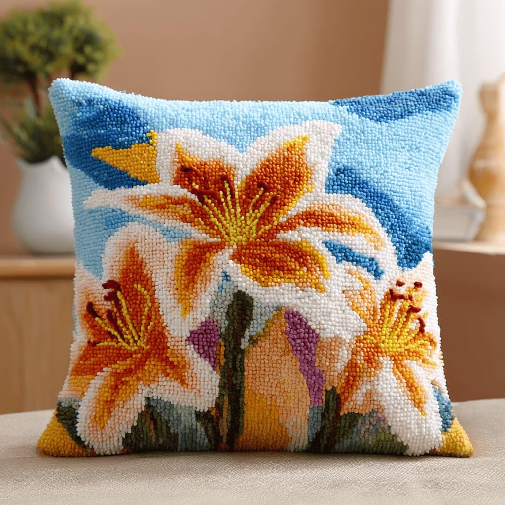 Kitquiver Latch Hook Kits for Adults Lily Rug Cover Pillowcase Beginner DIY Needlework Embroidery Kits Handmade Set Craft Sofa Home Decor 43X43Cm