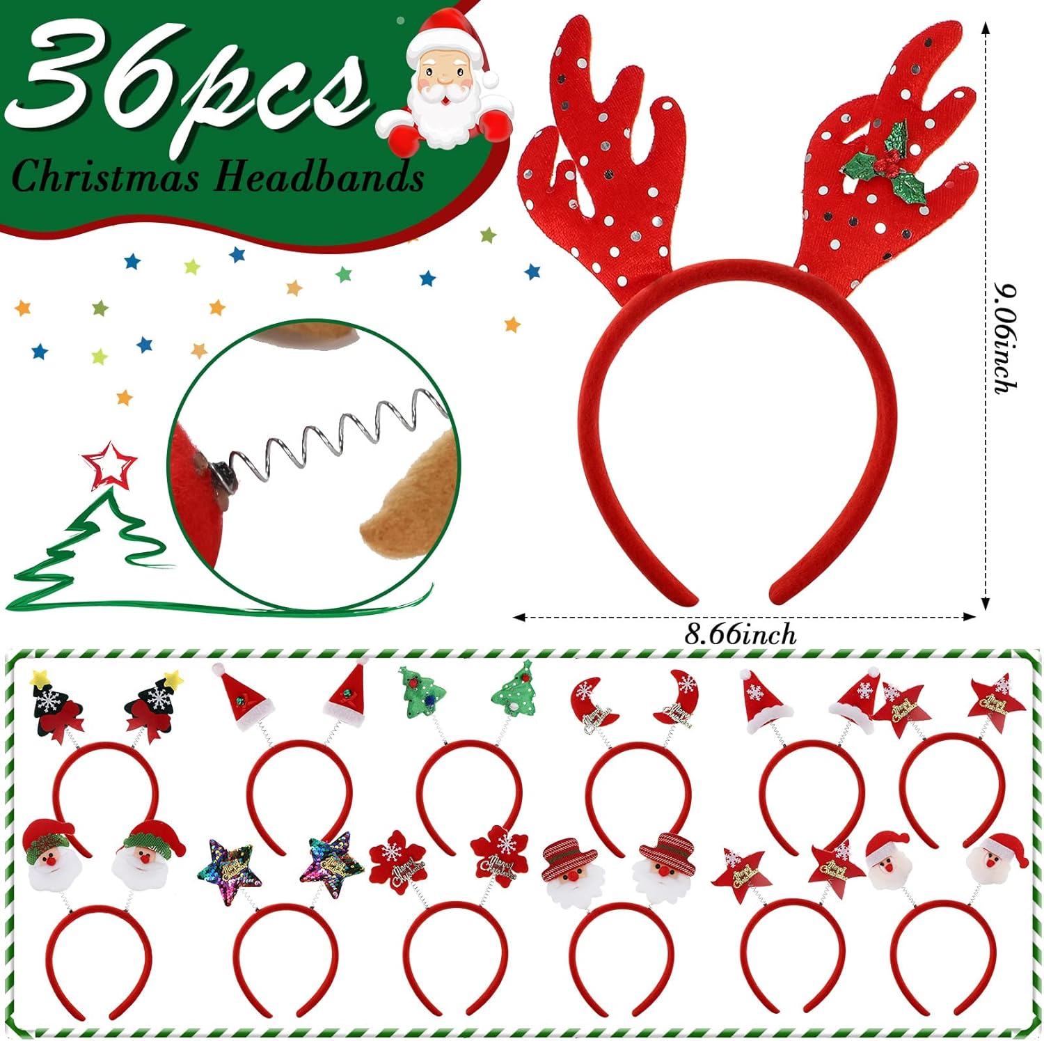 Zhehao 36 Pcs Christmas Headbands Bulk Santa Reindeer Antlers Snowman Santa Hat Headbands for Adults and Cute Xmas Holiday Costume Headwear Accessories Christmas Party Favors - Image 2