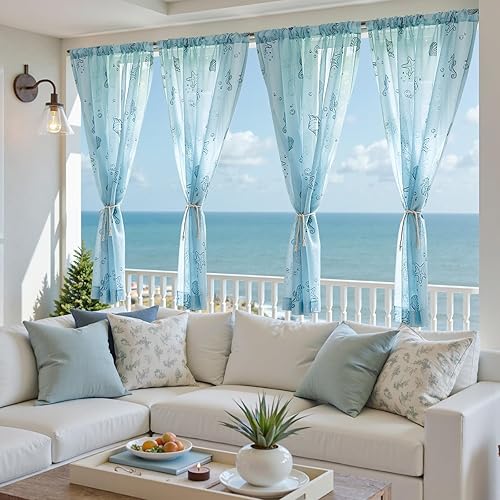Miniatura 2 de jinchan Cortinas traslúcidas azules para sala de estar, dormitorio, cuarto de bebé, cortinas de 63 pulgadas de largo para casa de playa, gasa