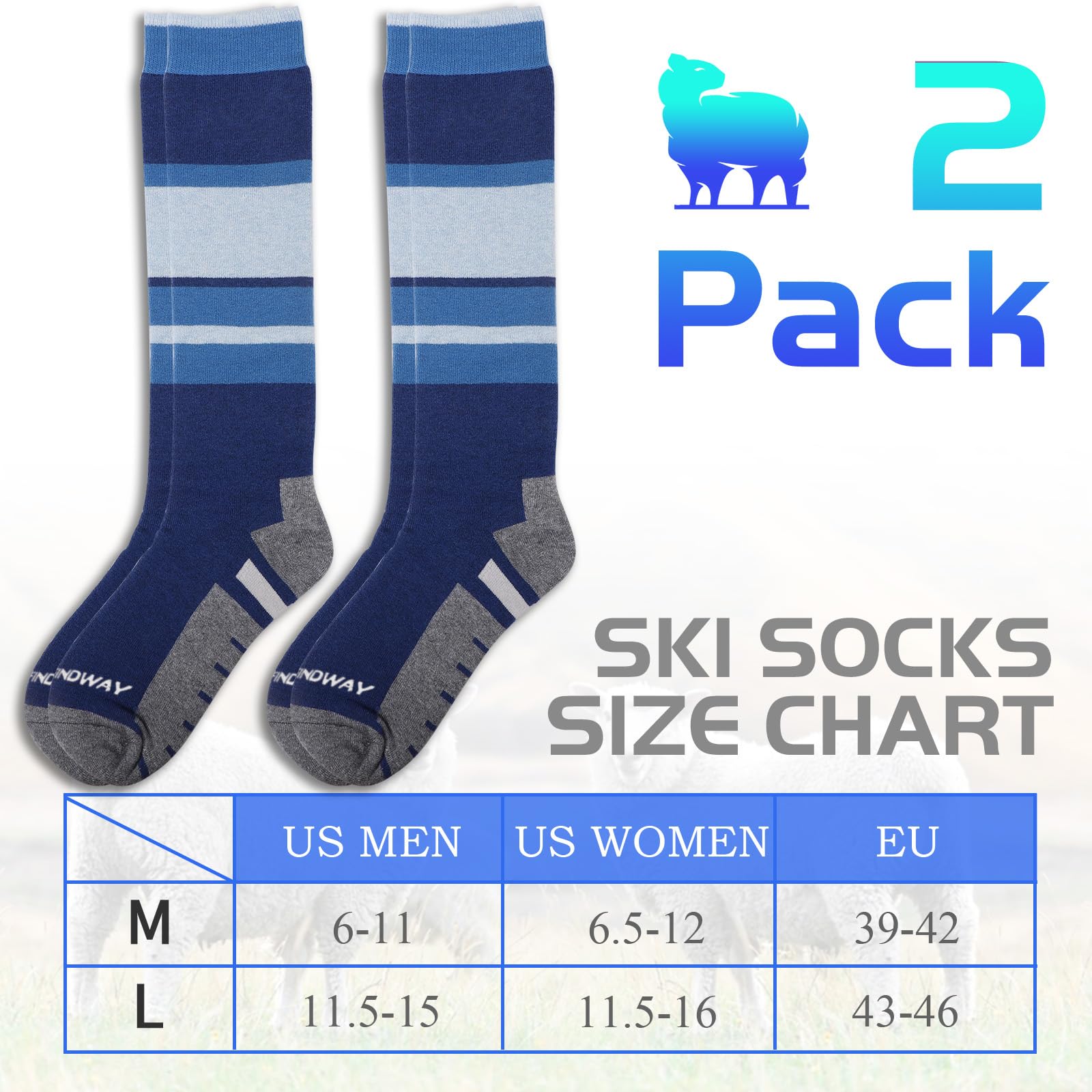 Findway Chaussettes de Ski, Chaussettes de Ski Thermiques en Laine Mérinos Femmes Hommes Chaussettes de Neige Chaudes et Douces Respirant pour Ski, Patinage Snowboard, 2 Paires/3 Paires