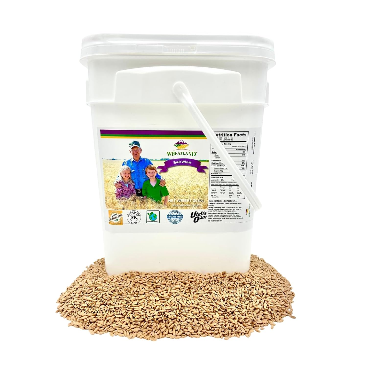 Spelt Berries, 20lb, Farm Fresh, Non GMO, Lab Tested Chemical Free, Kosher, USA Grown, 25 Year Shelf Life, Mylar Bag, Oxygen Absorber, 4 Gallon Bucket