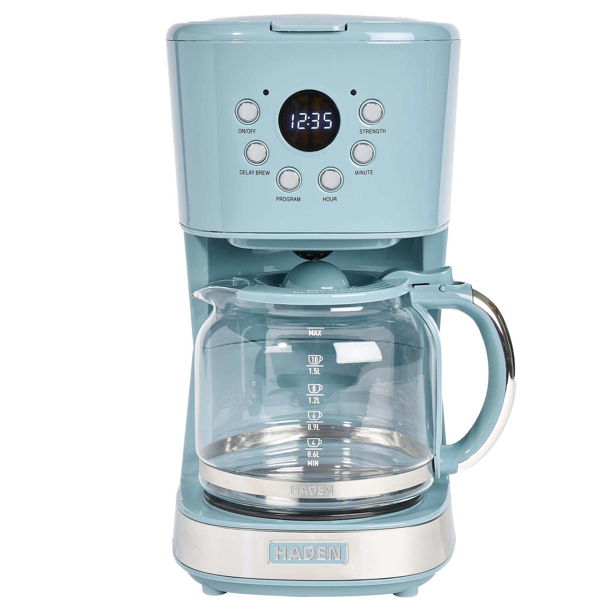 Haden Brighton Coffee Machine, 12 Cup Programmable Drip Coffee Maker with Auto Shut-Off Function and Reusable Washable Water Filter, Sky Blue & Chrome