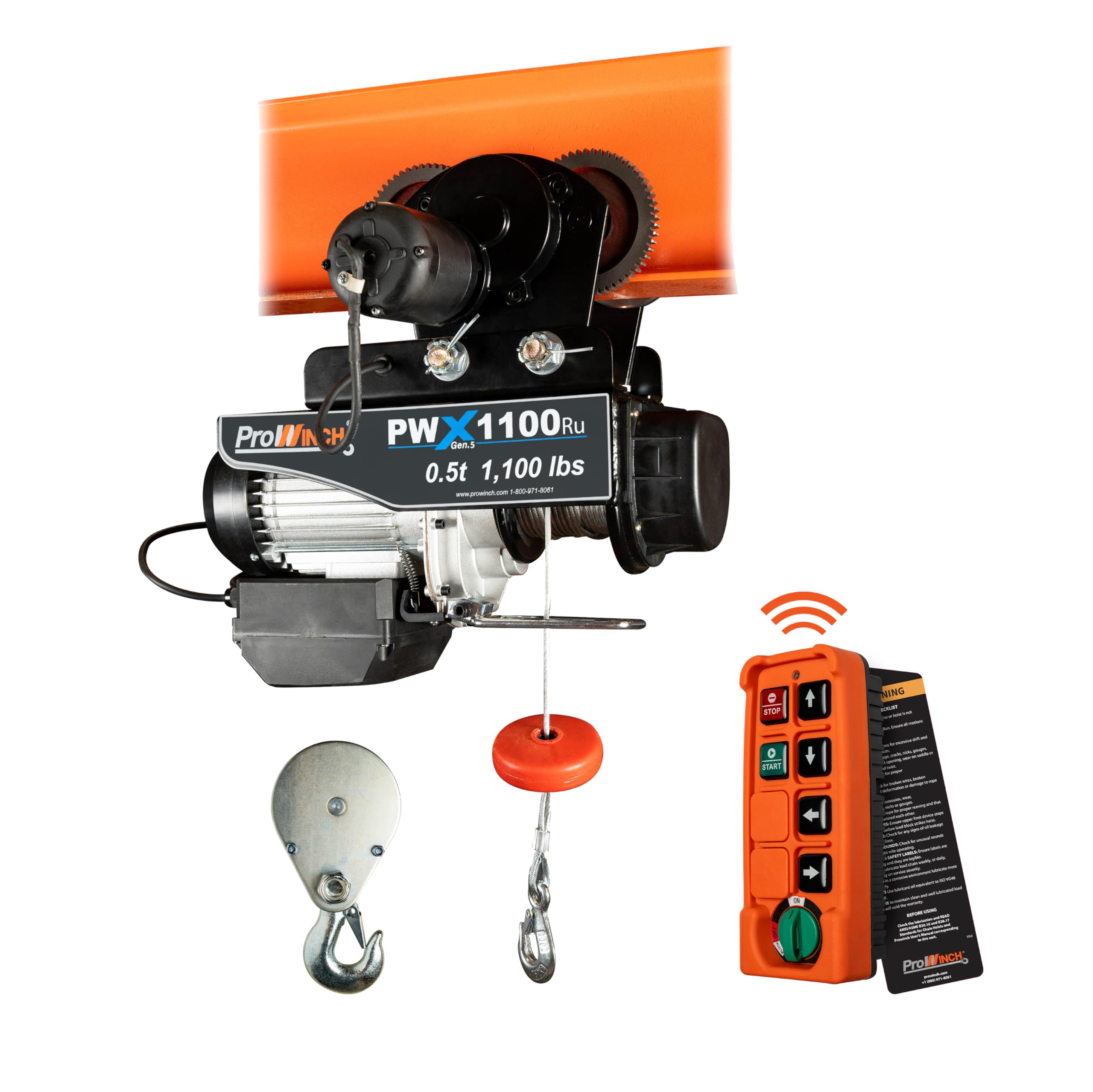 Prowinch 1/2 Ton (1100 lb) Electric Wire Rope Hoist, 110V, 38 ft Lift, Integrated Power Trolley, H1 Duty, Wireless Remote Control, Heavy Duty