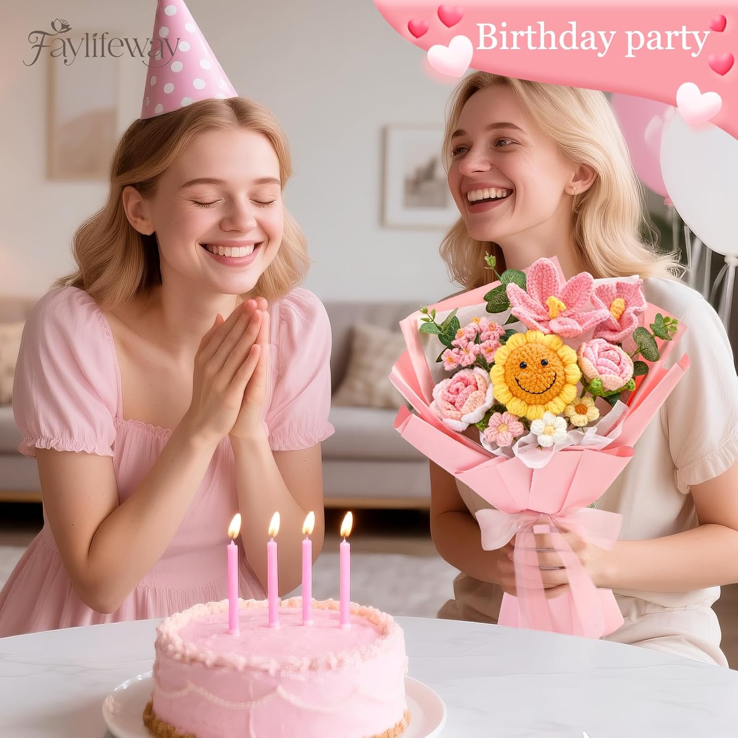 Crochet Flower Bouquet,Valentines Day Gifts for Her Mom Wife Couple Girlfriend,Handmade Crochet Gifts for Valentine's Day Birthday Anniversary Day Mothers Day(with Card) - Image 4