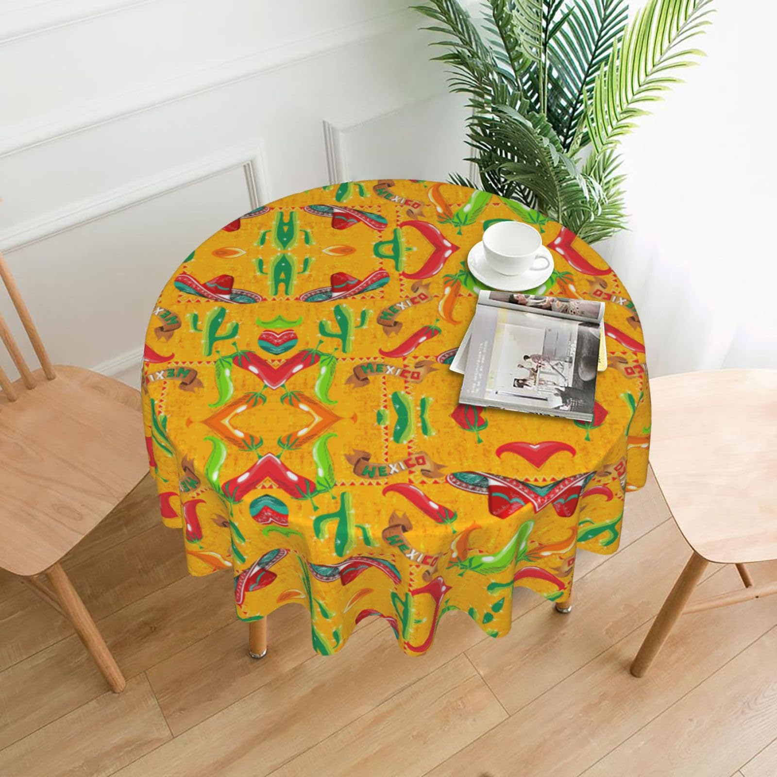 VCzsdff Cactus Hat and Chili Pepper Print Stain Resistant Round Tablecloth 60in Family Friendly Polyester Cloth for Kids Meals