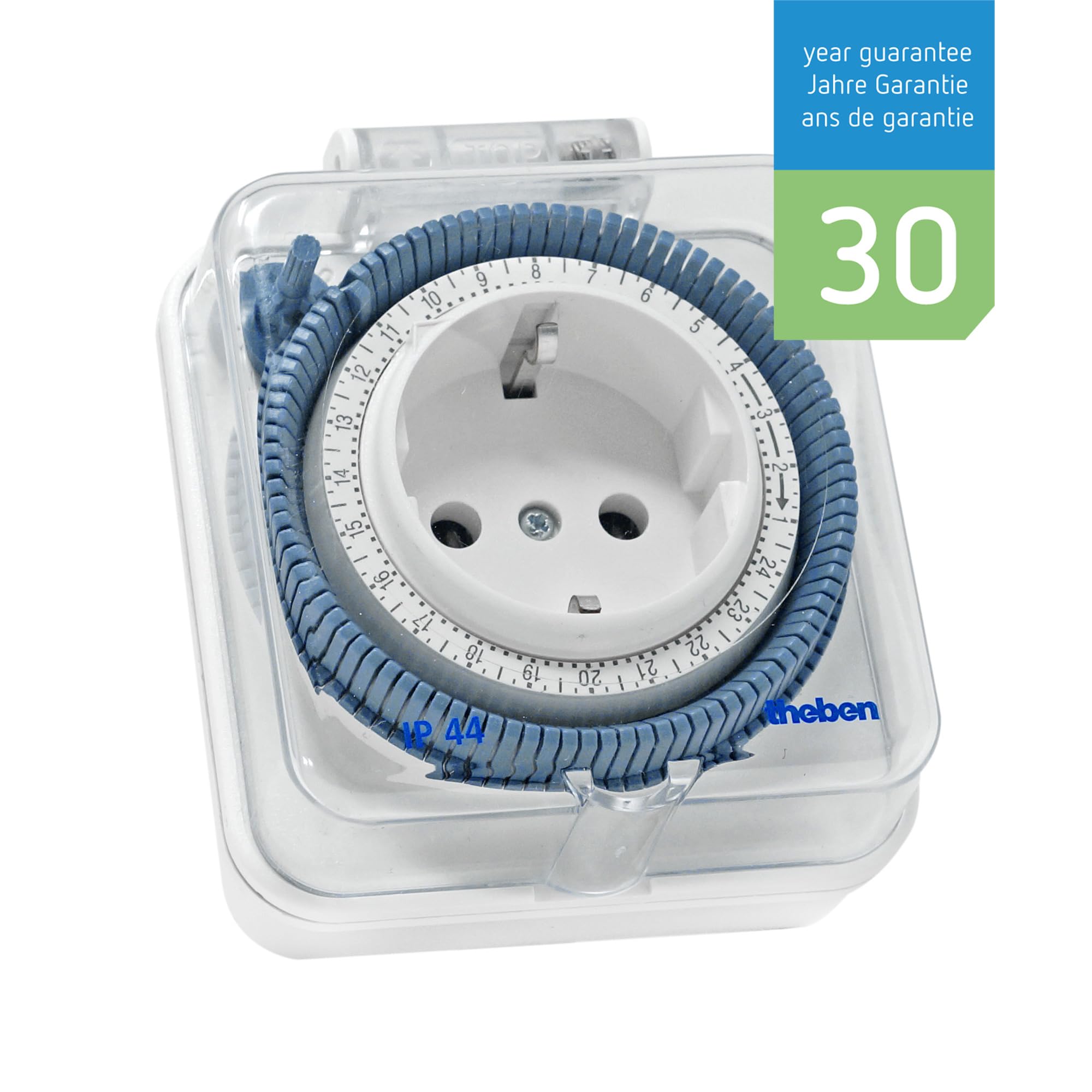 Theben 0260855 Timer 26 IP44 Interruptor horario enchufable Exterior Diario | 1 canal, analógico/mecánico, IP44, protegido contra salpicaduras, 96 segmentos, intervalo de 15 min, 400 W LED, Schuko