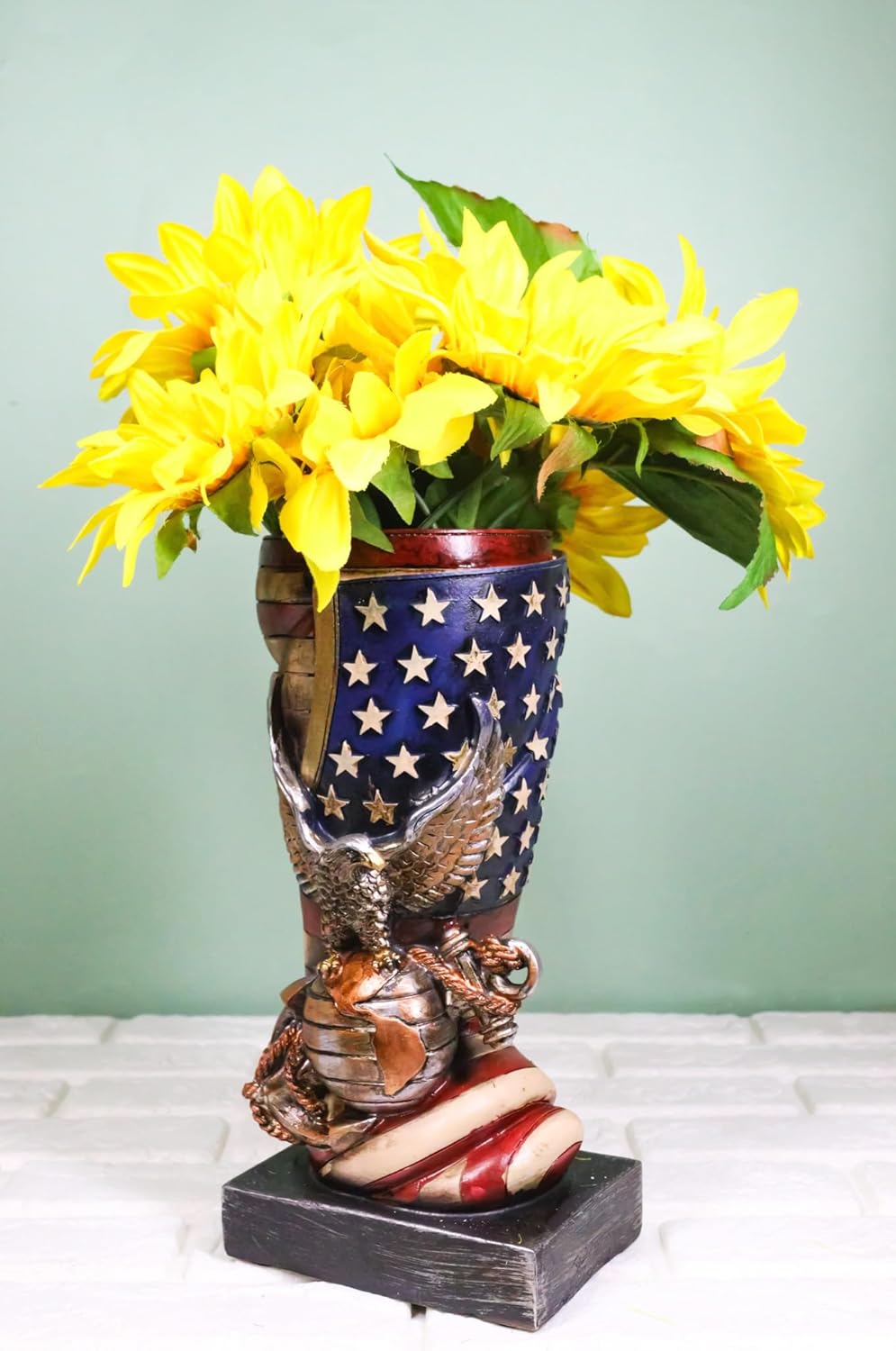 Ebros Gift Patriotic USA Military Bald Eagle with Star Spangled Banner American Flag Flower Bouquet Vase Or Planter Decorative Figurine