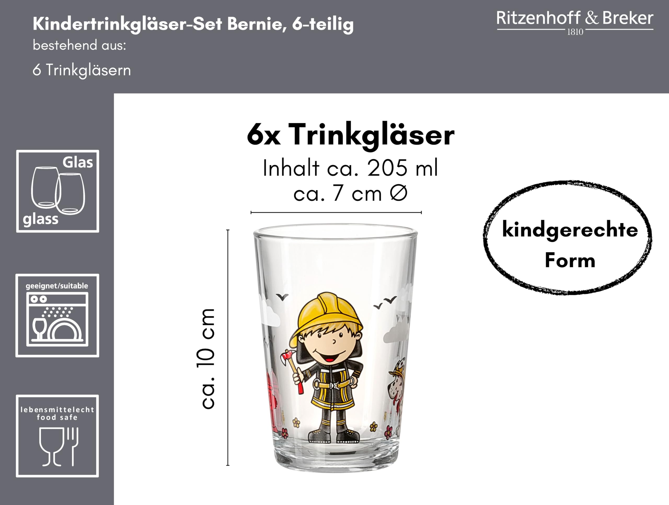 Ritzenhoff & Breker Lot de 6 verres pour enfant - Motif : pompier Bernie