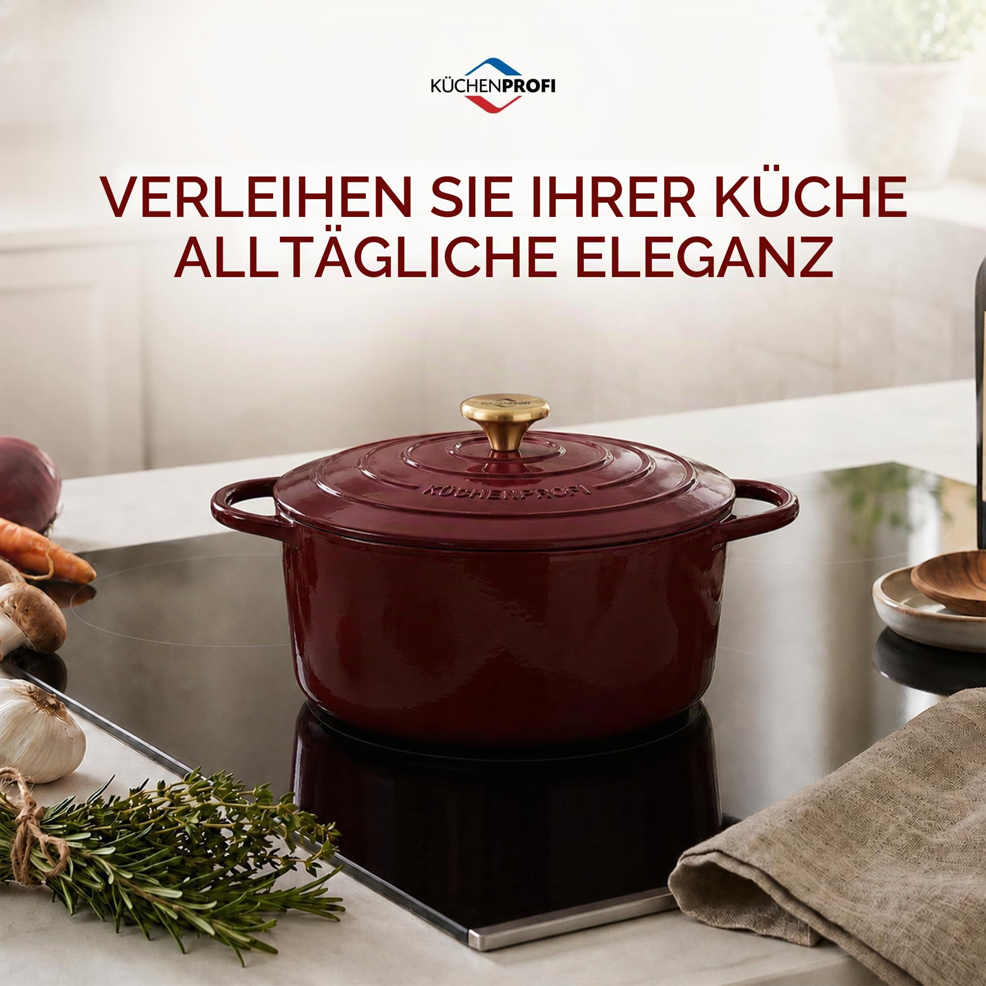 KÜCHENPROFI Gusseisen Bräter mit Deckel rund, 24 cm, emailliert, médoc | Schmortopf aus Gusseisen, für Induktion, Grillgeräte und alle Herdarten, energieeffizient, pflegeleicht