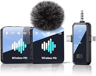 MENERESAS Wireless Lavalier Microphone for iPhone/Android/Camera: Noise Cancelling Mini Mic, 328ft Range, 20H Battery, 3-in-1 Plug & Play