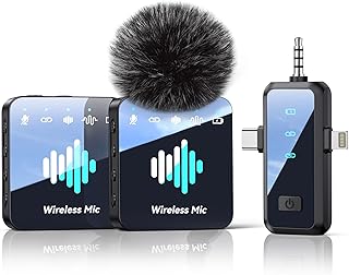 MENERESAS Wireless Lavalier Microphone for iPhone: Mini Microphone Noise Reduction - 328ft Transmission & 20H Battery Life for Video Recording, 3-in-1 Universal Camera & Android - Liquid Black, Clip