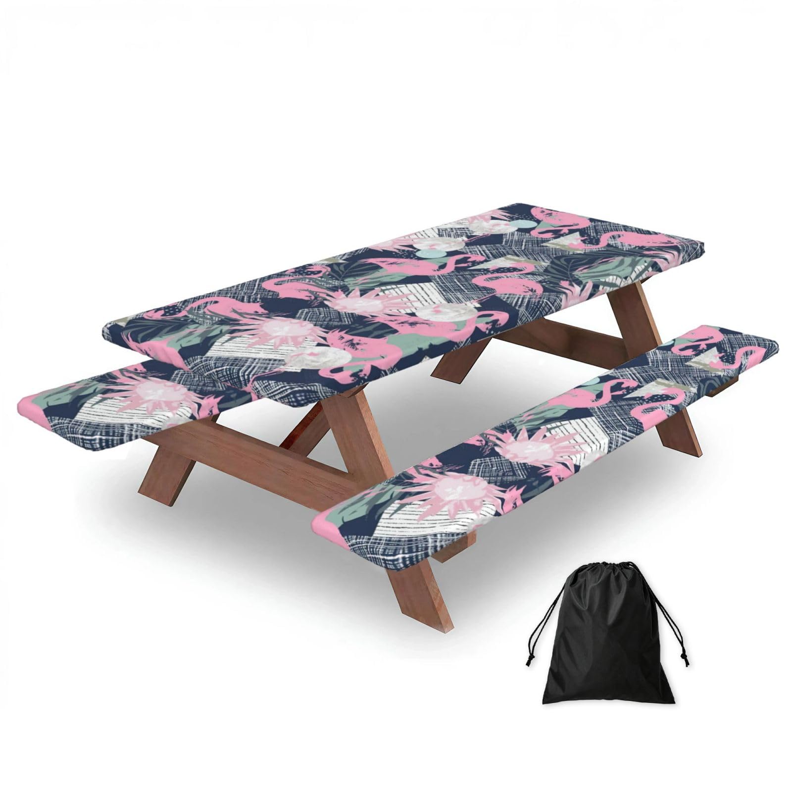 Duwaa Black Pink Flamingo And Leaves Print 183Cm Picnic Table Cover With Bench Covers, Waterproof Elastic Tablecloth Set For Outdoor