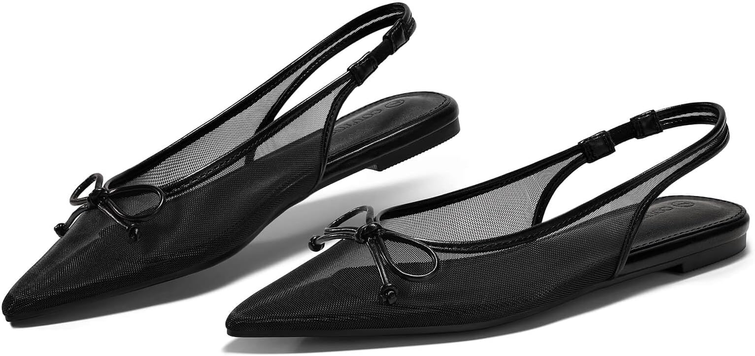 Womens Slingback Flats Bow Closed Pointed Toe Mesh Ballet Flats Low Heel Sandals Dress Shoes