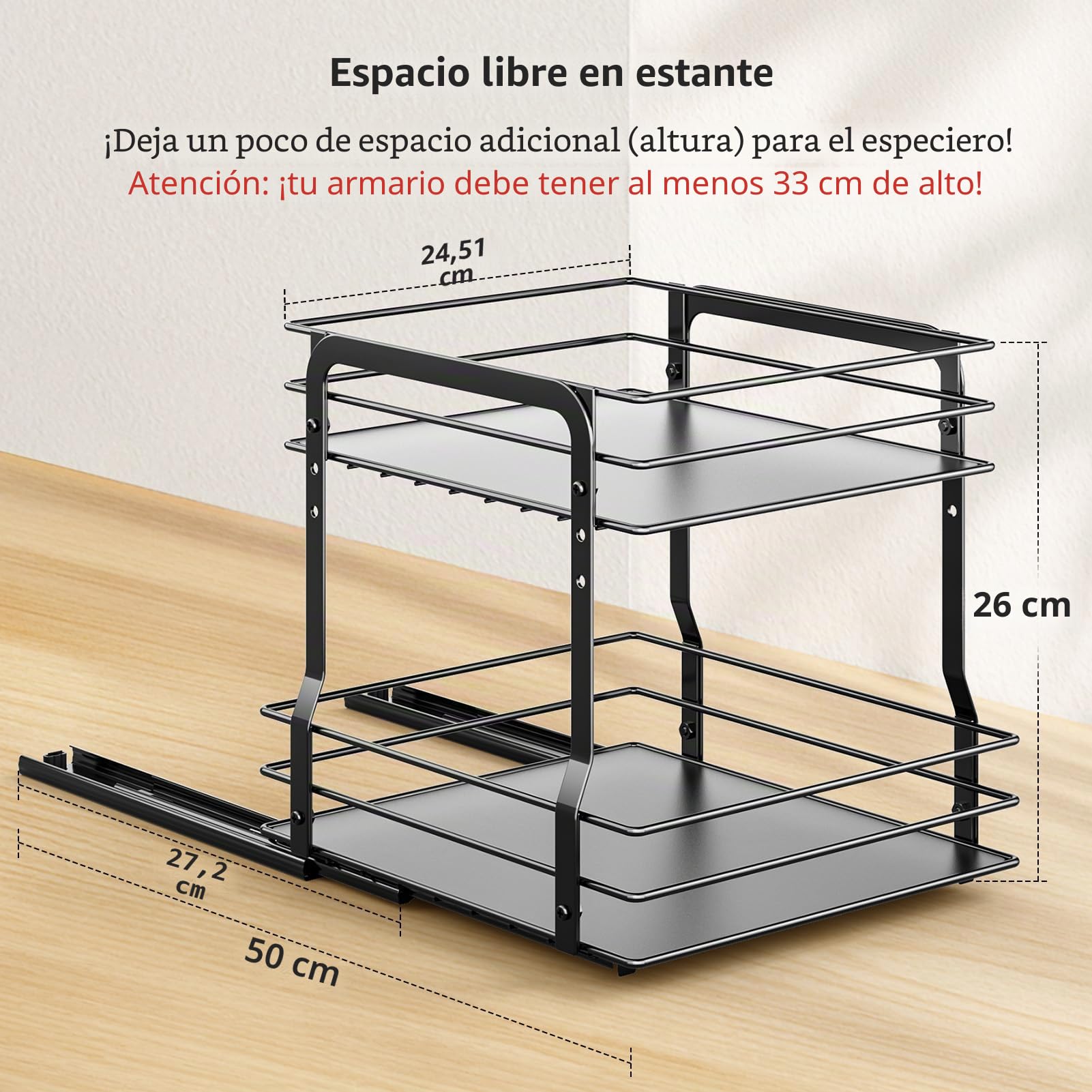 PanPanPal Organizador de Especias para Cocina, 2 Niveles Negro Extraíble y Ajustable en Altura, con Rieles Deslizantes, Diseño de Cajón, Fácil Instalación, Medidas L27.2*B24.5*H26CM