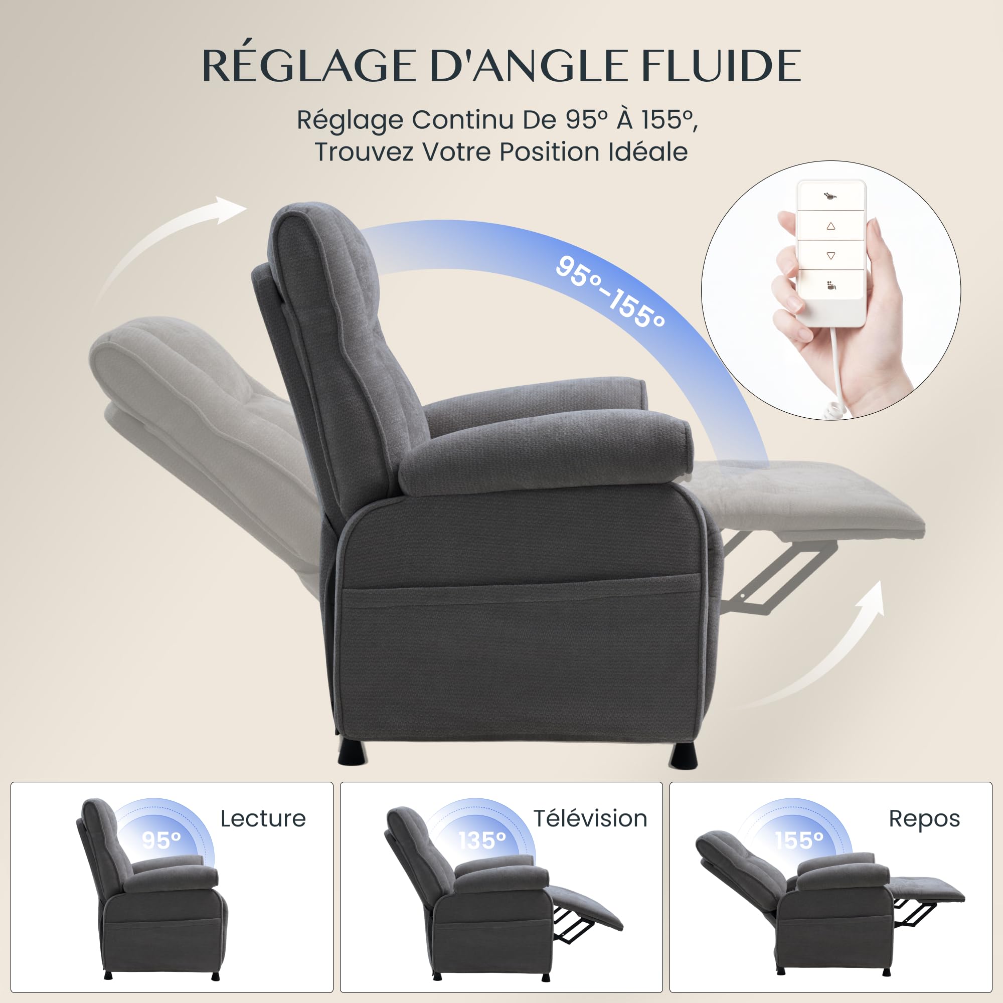 FLEXISPOT Elektryczny fotel relaksacyjny 95°–155° – 155°, uchwyt 150 kg, ergonomiczny fotel telewizyjny z podnóżkiem, regulowane oparcie, gruba wyściółka, kieszeń boczna, ciemnoszary