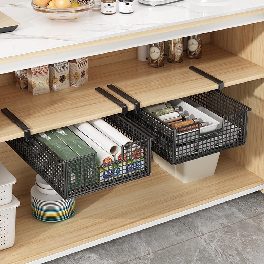 RichVibe - Organizzatore da appendere sotto il mobile con cassetto portaoggetti per utensili da cucina, 37x22x9 cm, in materiale ferro con alte guide laterali, design estraibile, bianco/nero