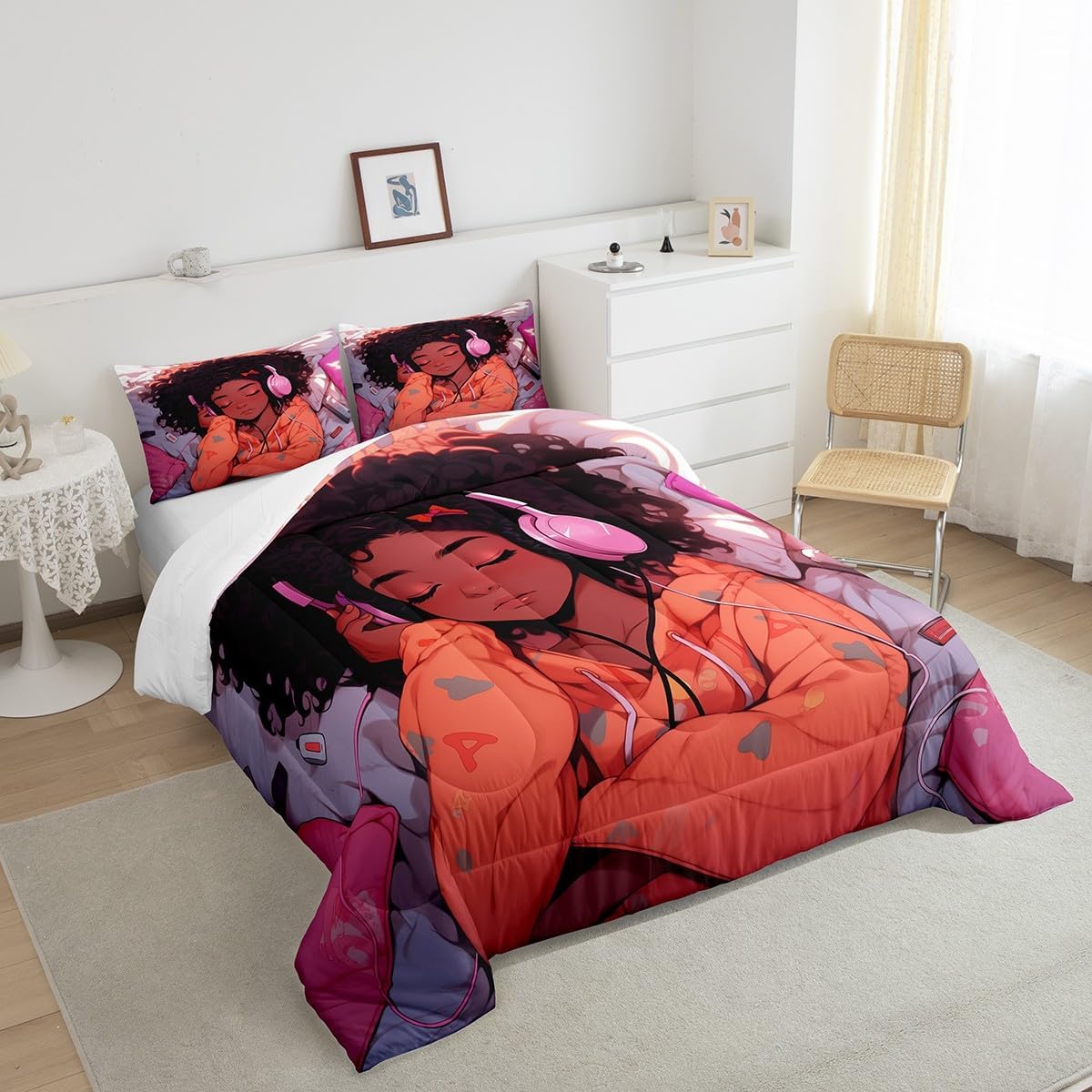 Feelyou African Black Girl Comforter Set for Kids,Twin Size Cute Afro Girl Quilt Set 2Pcs