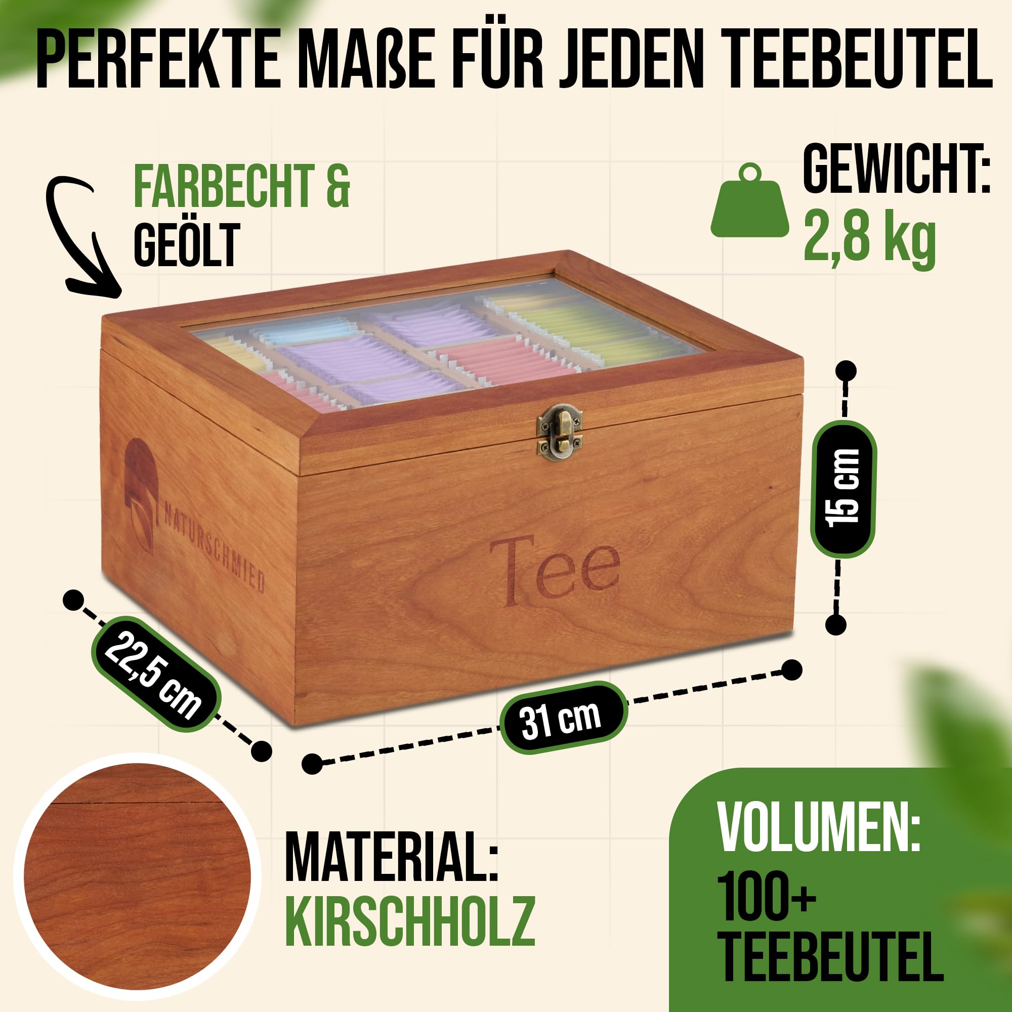 Premium Teebox Set aus Kirsch Holz mit 20 flexiblen Fächern und Sichtfenster(22,5x31x15cm) - [Extra große Schublade + Einzigartige Kirschholz Untersetzer] - edle Teeaufbewahrung