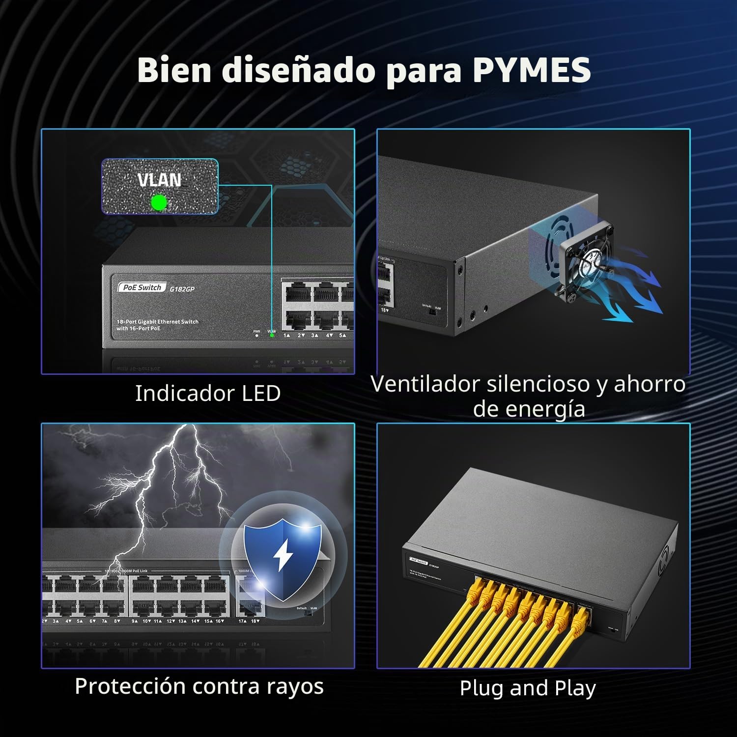 YuLinca Conmutador PoE Gigabit de 18 Puertos, 16 Ggiabit PoE+, 2 GE Uplink, IEEE802.3af/at MAX 250W, Conmutador Ethernet de sobremesa Plug&Play no gestionado para Montaje en Bastidor