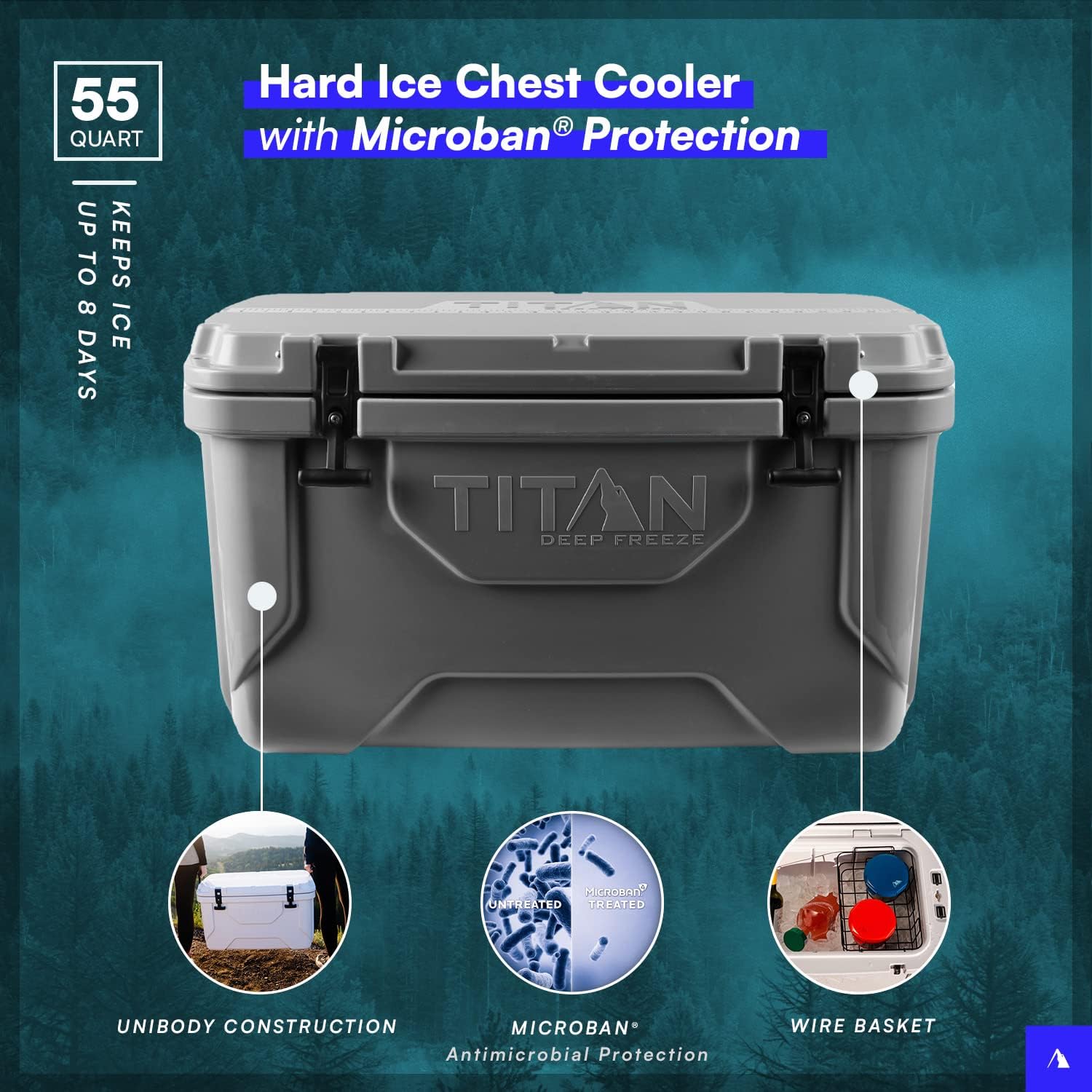 Hard Ice Chest Cooler with Microban Protection - Arctic Zone Titan Deep Freeze Cooler - Size: 20Q/30 Can and 55Q/84 Can - Color: Blue and Gray