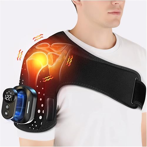 Shoulder Heating Pad with Massager, Shoulders Massager with Heat, Portable Shoulder Brace with Magnetic Detachable Remote Control, 5 Heat & 5 Vibration Modes, Adjustable Size for Men and Women