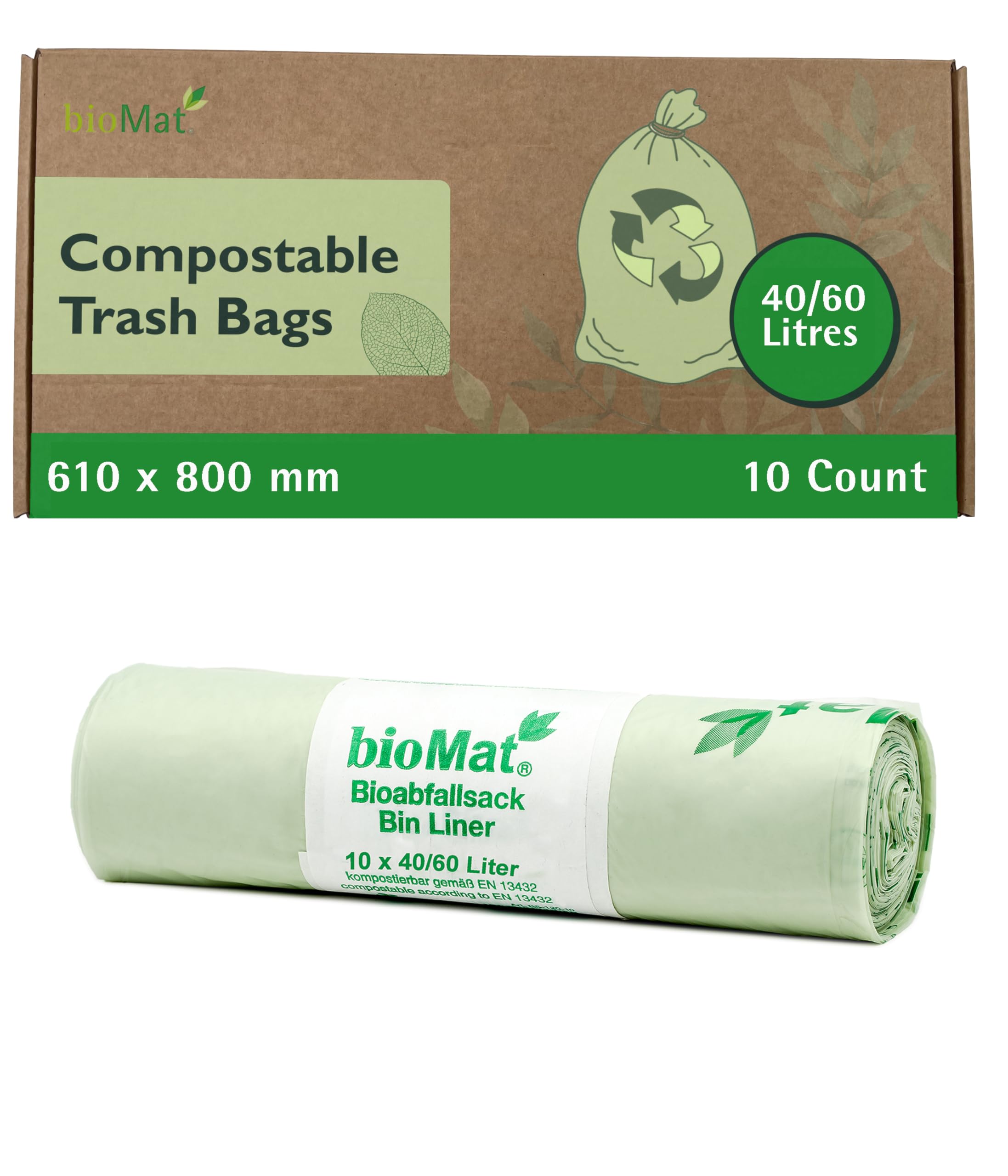 bioMat Compostable 40 Litre Kitchen Caddy Liners, 10 Refuse Sacks, EN 13432 Certified Compostable Food Waste Bags, for Organic Waste, Household Waste