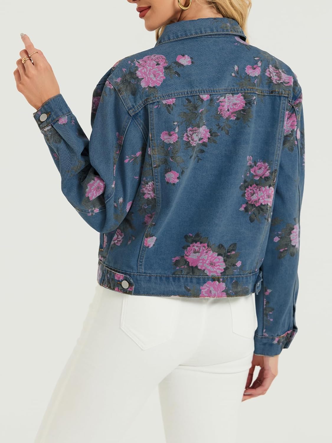 LifeShe Women's Jean Jacket Floral Button Up Cropped Denim Jackets Western Outfit With Pockets - Image 2