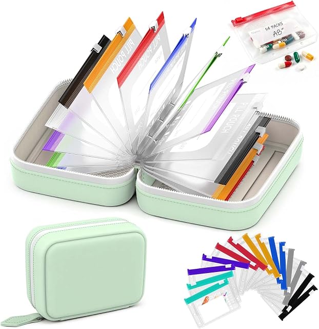 Kit d'organisateur de pilules imperméables 14 Trousse de médecine de voyage réutilisable pour les pochettes étanches à la couleur & Porte-poches quotidiennes à pilules (vert)