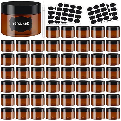 Dandat Tarros de plástico ámbar con tapas, contenedor de almacenamiento redondo recargable con etiquetas y bolígrafo, tarro de viaje pequeño vacío