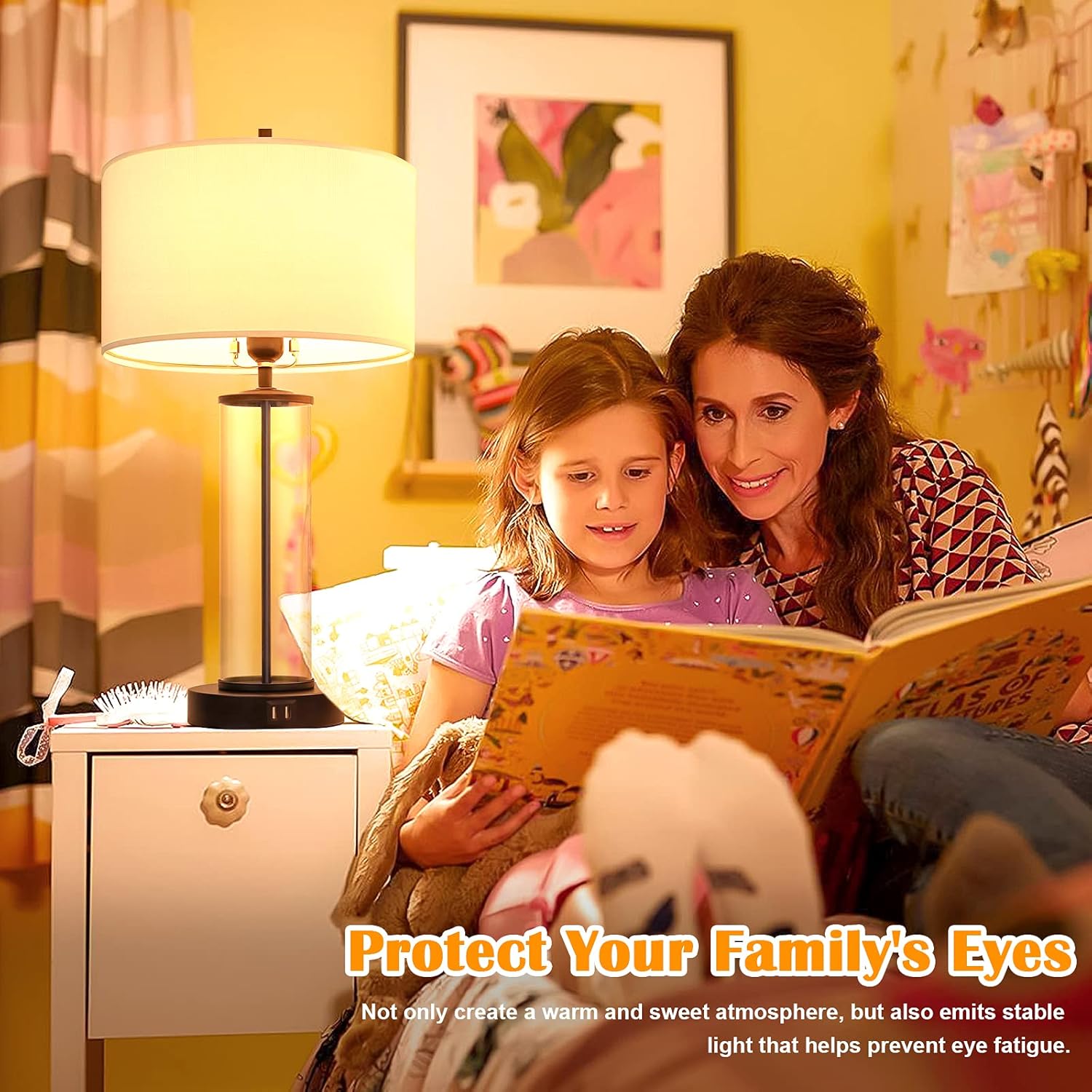 Modern Touch Control Dimmable Table Lamps with 2 USB Ports for Living Room Set of 2, 3-Way Dimmable Bedside Lamps with White Fabric Drum Shades for Reading Bedroom Nightstand Hotel, LED Bulbs Included