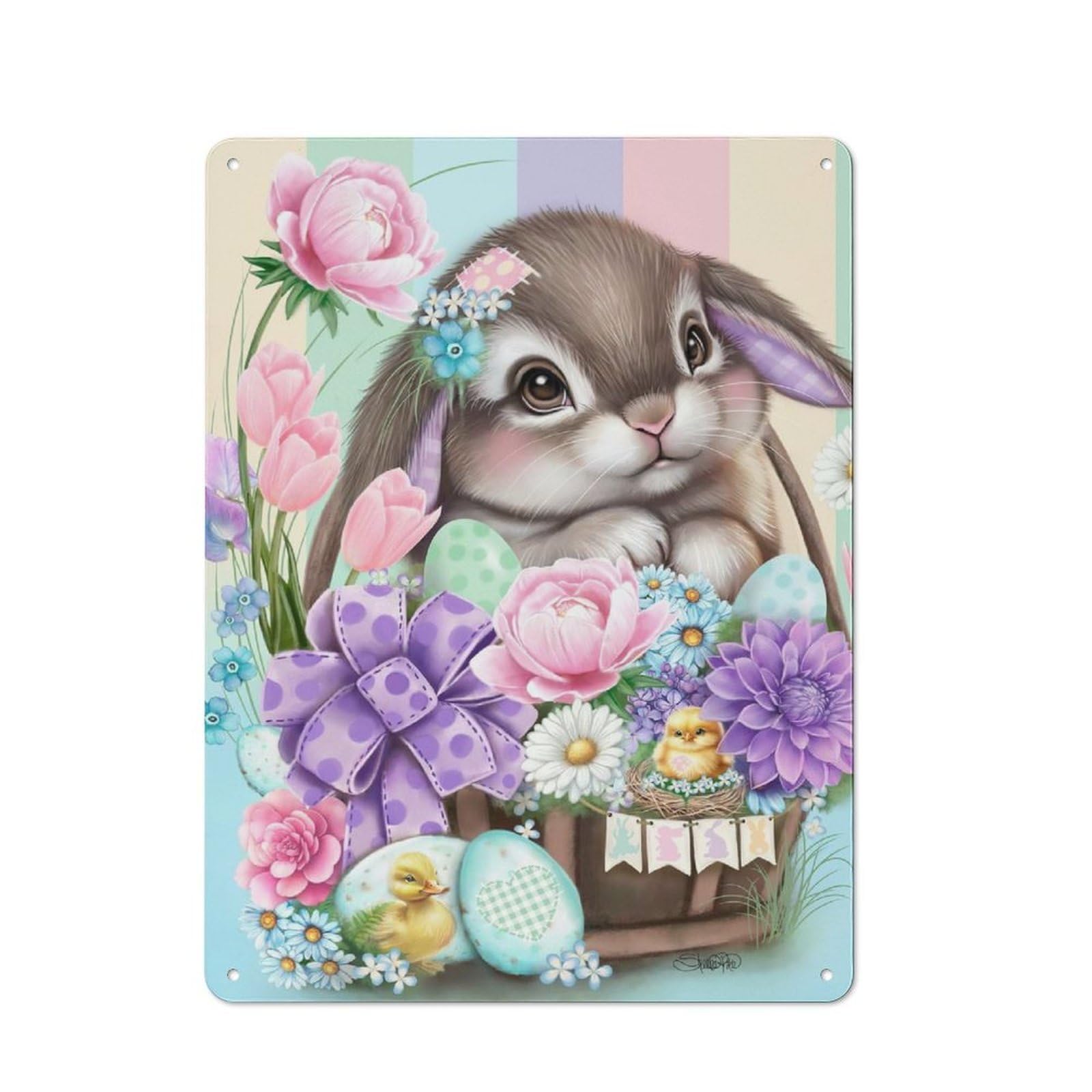 Easter Bunny Basket Industrial Metal Wall Decor 40x30cm, Retro Metal Sign for Workshop, Basement, Shed Or Games Room