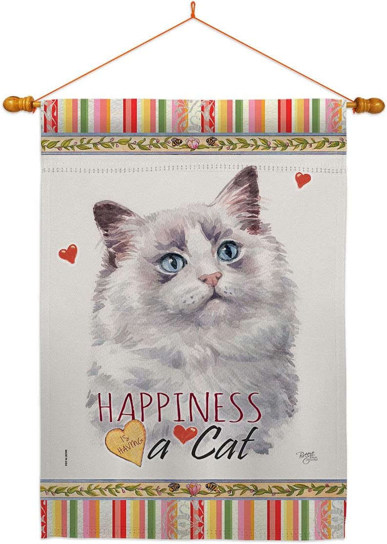 Bicolor Ragdoll Happiness House Flag Animals Cat Kitten Meow Spoiled Paw Fur Pet Nature Farm Animal Creature Small Decorative Gift Yard Banner Made In USA 28 X 40