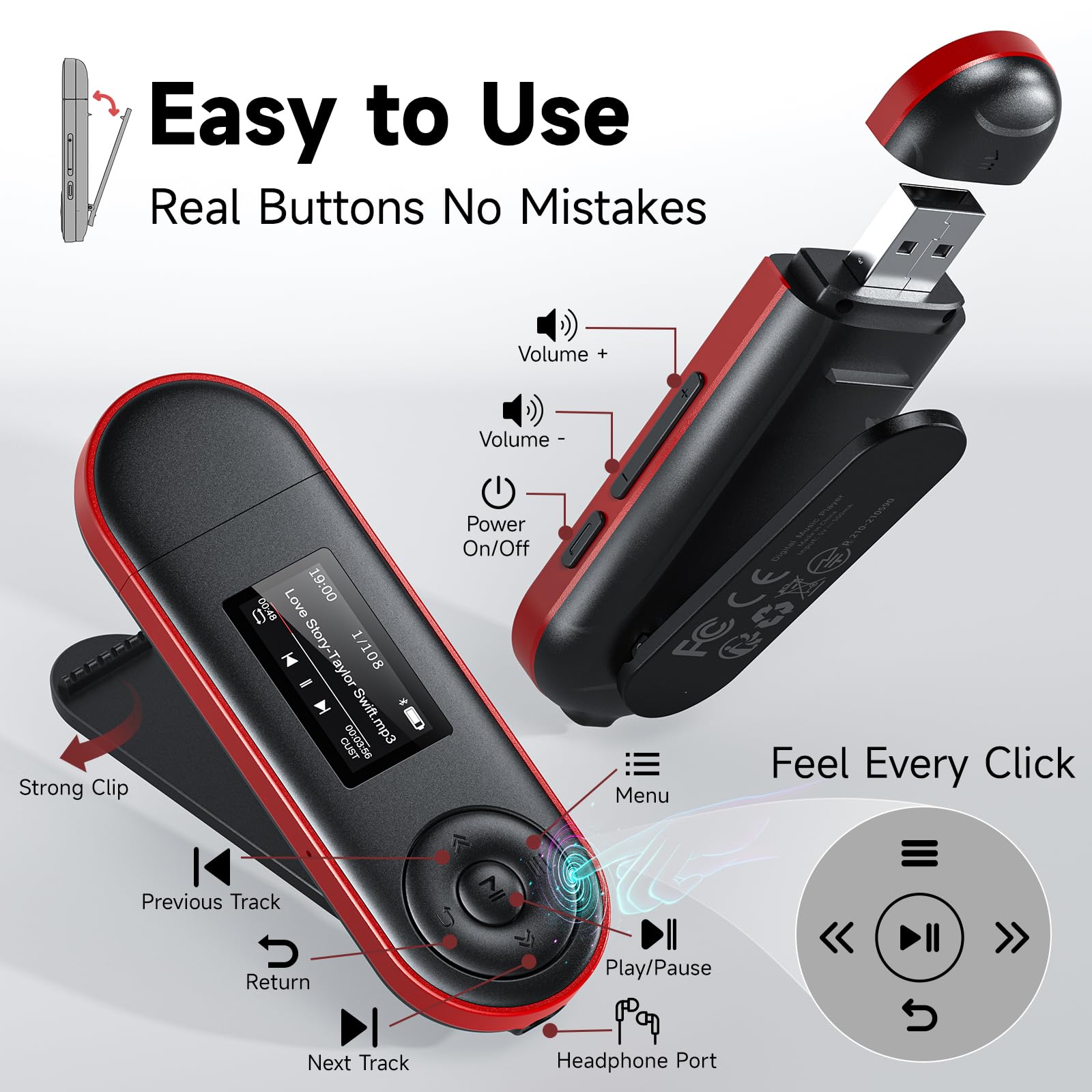 Lecteur MP3 64Go Bluetooth 5.3, Clé USB Plug & Play, Ultra-léger 28g, Boutons Physiques pour Utilisation à l'aveugle, Clip Sport pour Course à Pied, Lecture par Dossier, Radio FM, Enregistreur Vocal