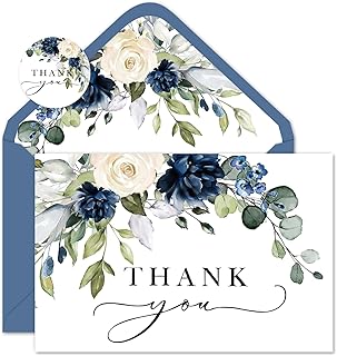 50 Pack Floral Thank You Cards Bulk Blue Flower Note with Envelopes Stickers Boxed Greeting Blank Cards for Wedding Bridal Baby Shower Birthday