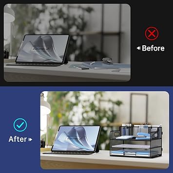 3 Tier Desk Organizer with Handle & 3 Pen Holders, Mesh Paper/File Organizer for Desk, Paper Letter Tray Organizer for Office Supplies (Black)