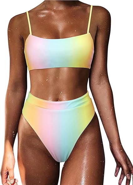 MOSHENGQI Women High Wasited Bikini Shoulder Strap 2 Piece High Cut String Swimsuits